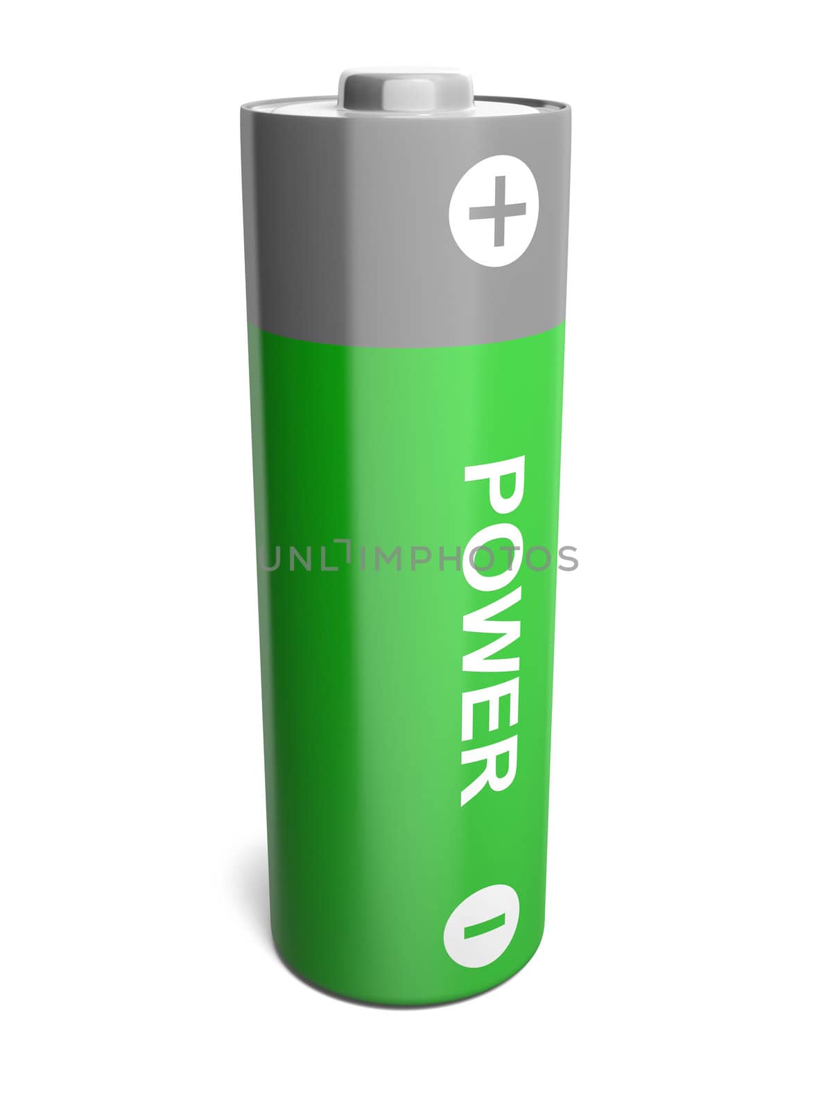 3D green battery illustration isolated on white background