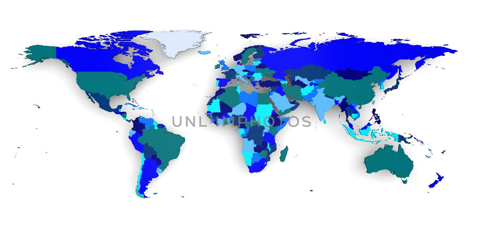 Blue tone political world map isolated on white background with soft shadow. Elements of this image furnished by NASA