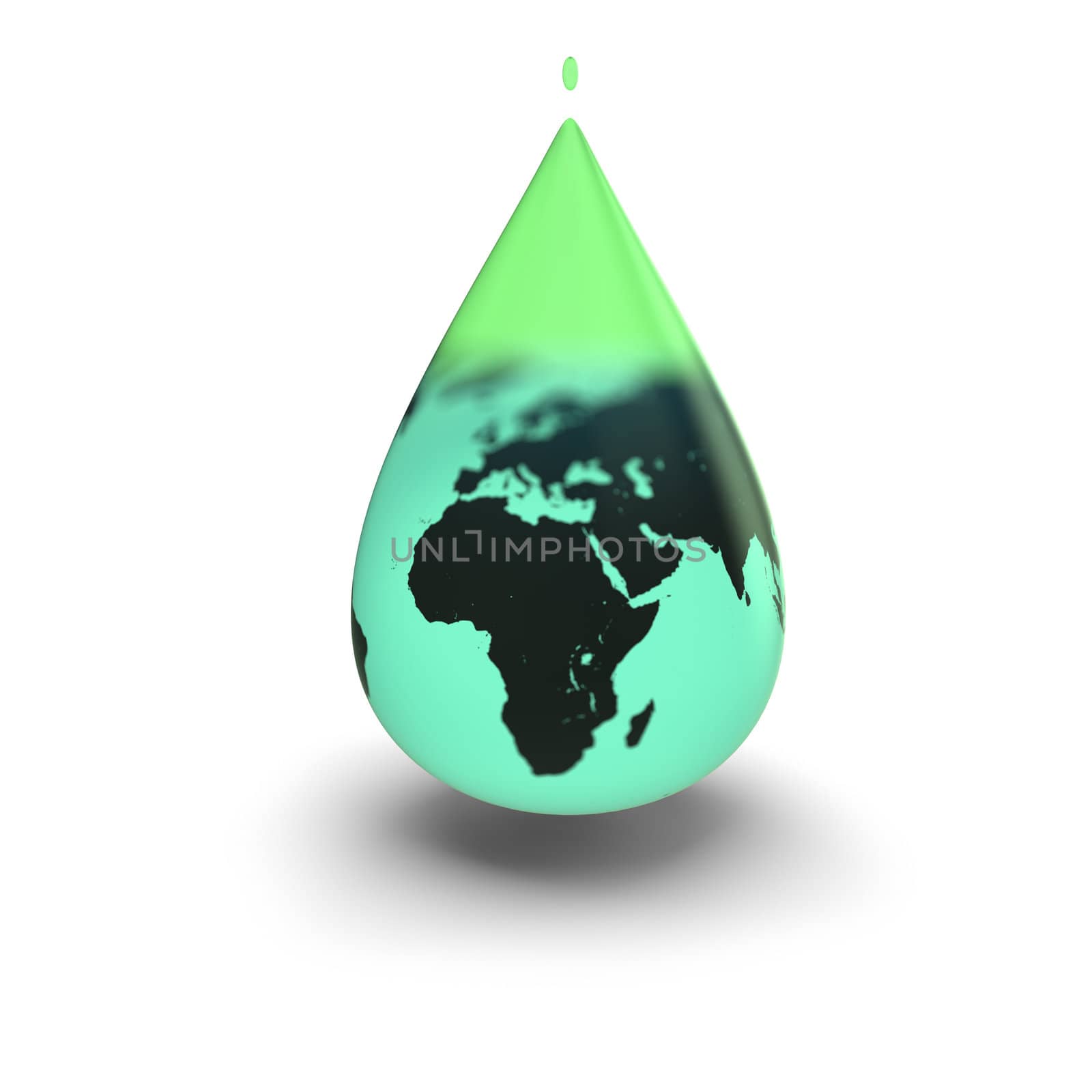 Illustration of green planet Earth inside water drop isolated on white background. Elements of this image furnished by NASA