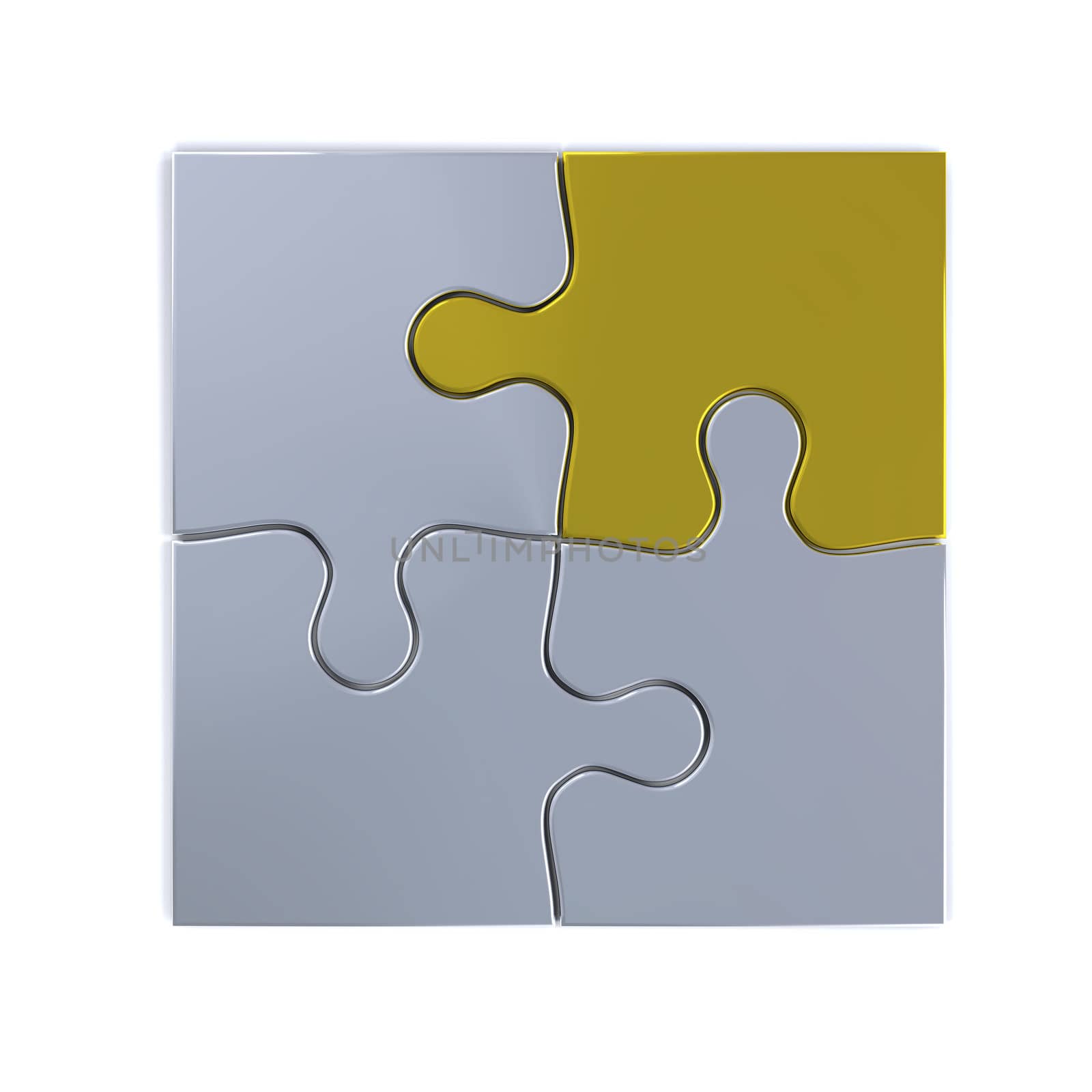 Illustration of silver jigsaw with one golden puzzle piece isolated on white background.