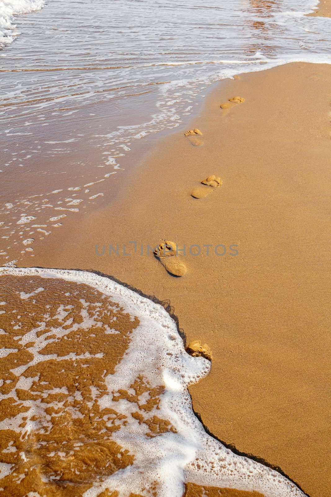 Footsteps on the beach by the sea in summer