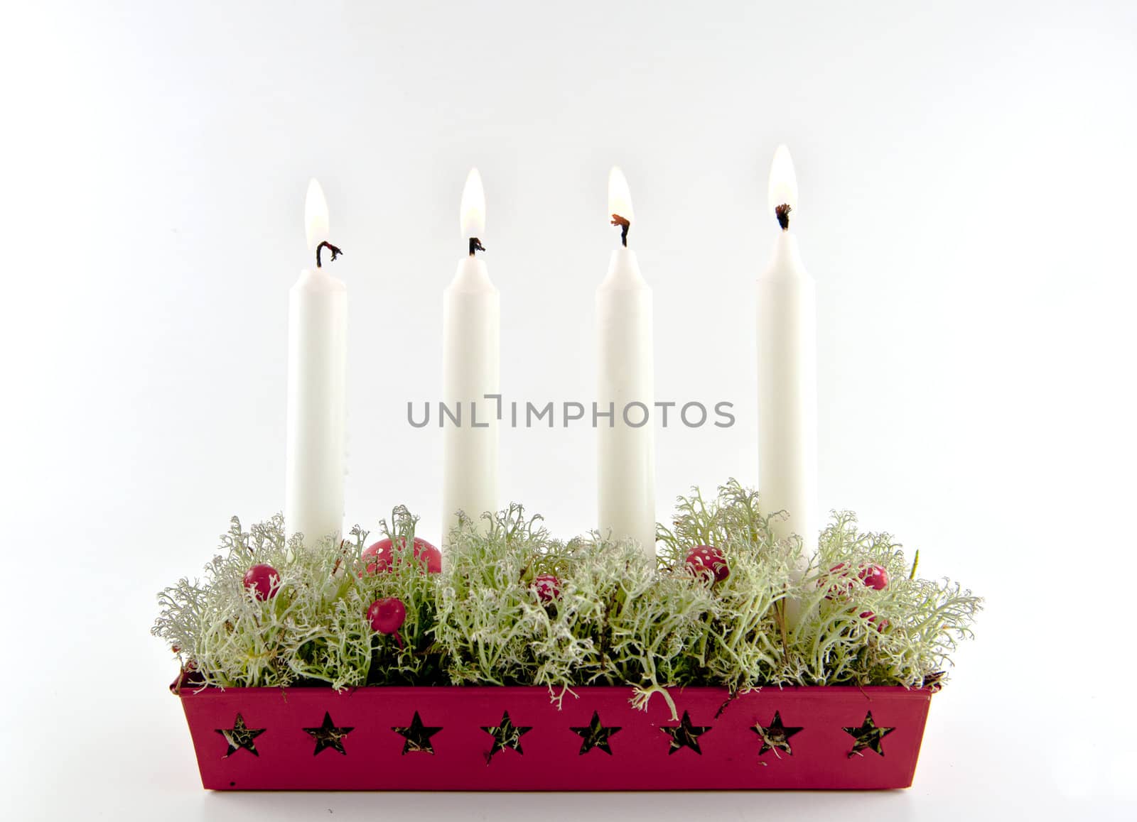 four white advent candles embedded in moss burning 