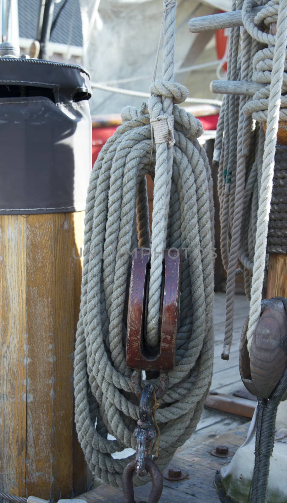 pulley with rope on sailing ship