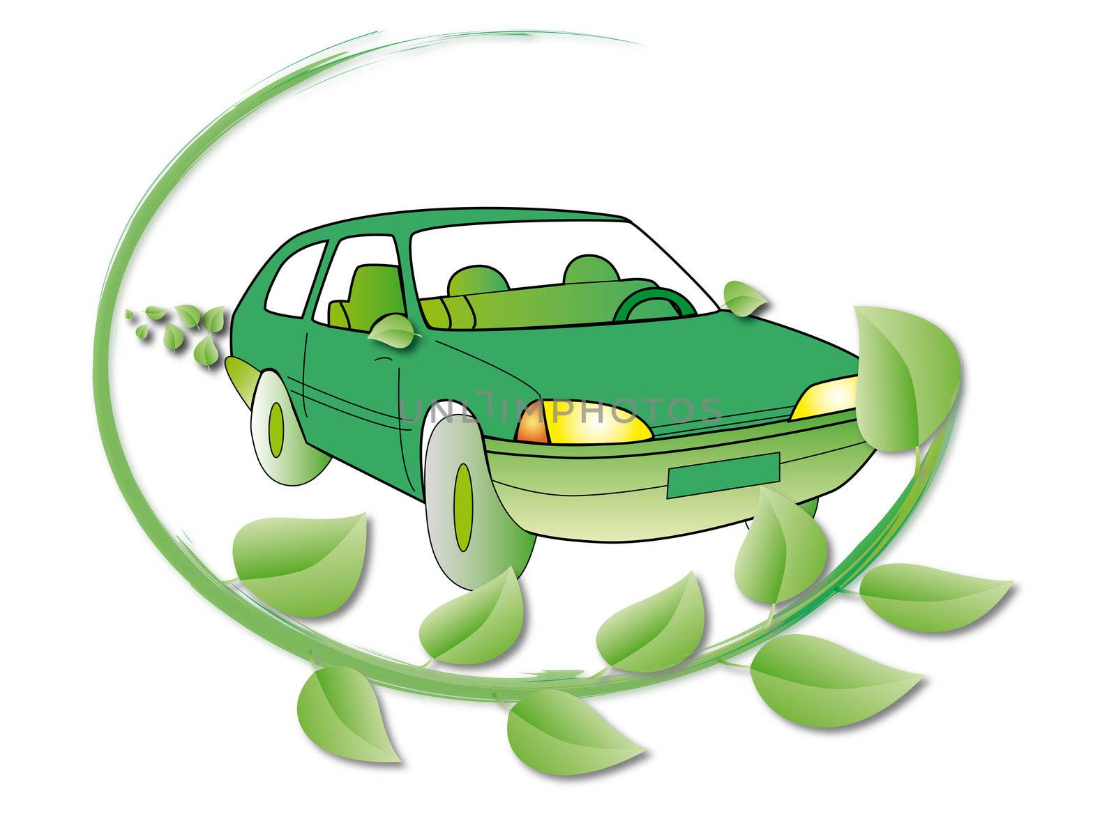 a car ecological green color in a circle of green leaves