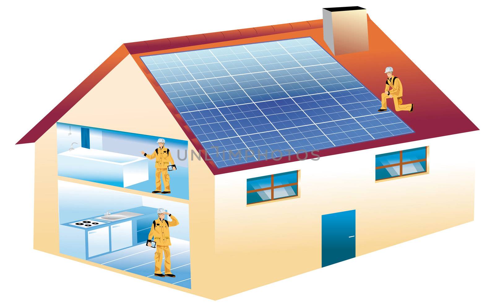 drawing of an ecological house with photovoltaic panels on the roof