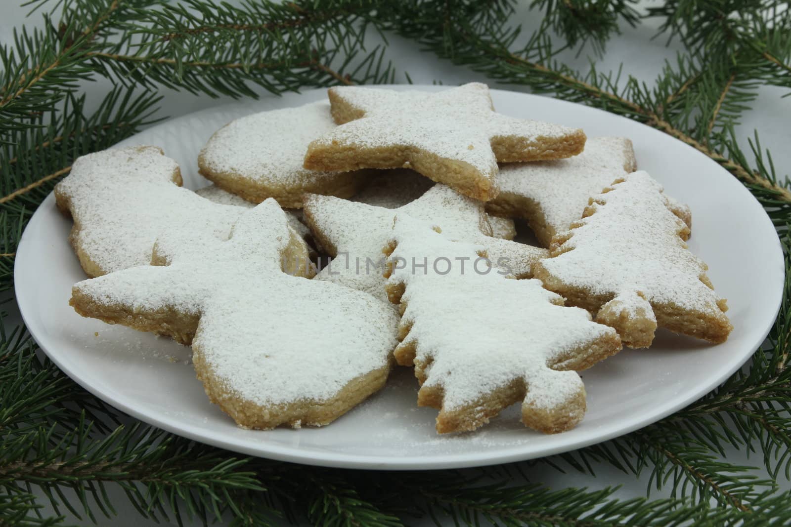 Christmas cookies traditionally shaped, with icing sugar on top
