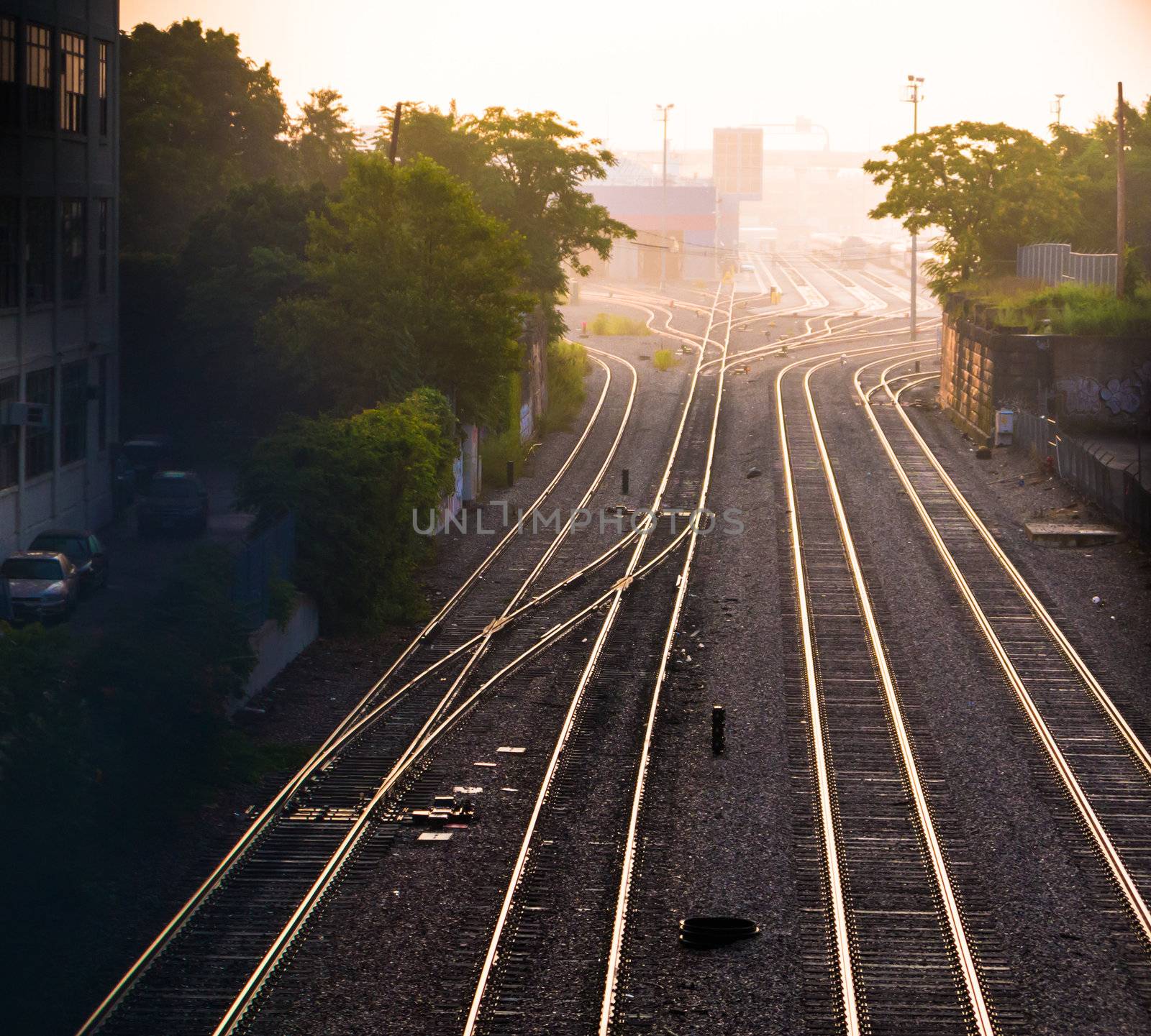 Train tracks at dawn in western Cambridge, Massachusetts
