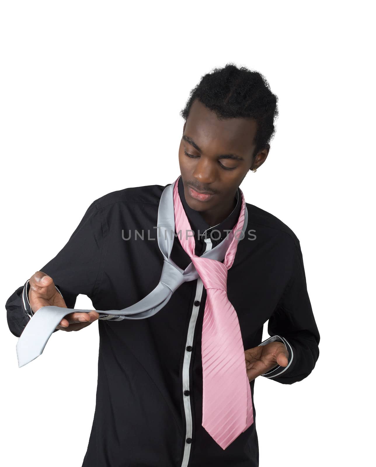 African American who hesitates between two tie pink gray hair isolated