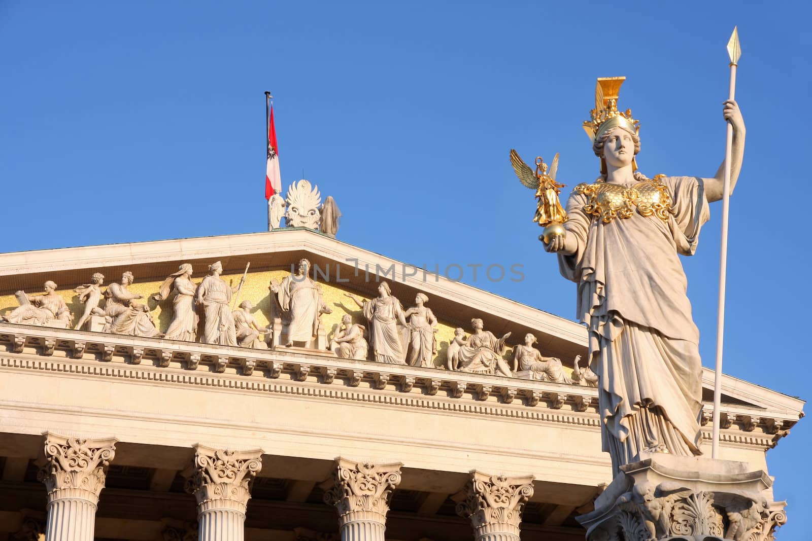 The Austrian Parliament and statue of Pallas Athena in Vienna, Austria