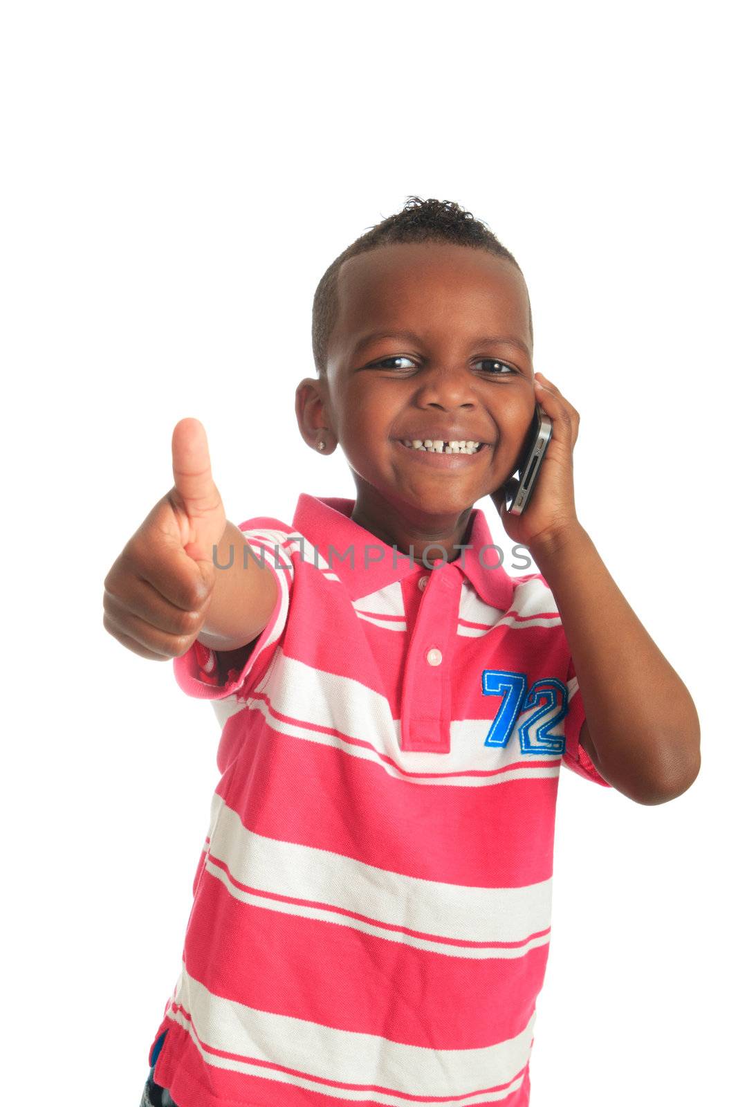 African American child with black telephone isolated by michel74100
