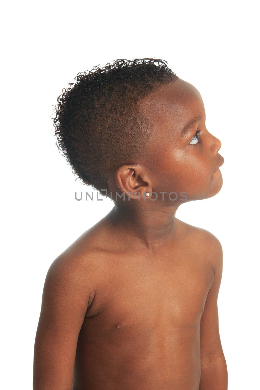 African American child shirtless black curly hair isolated metisse