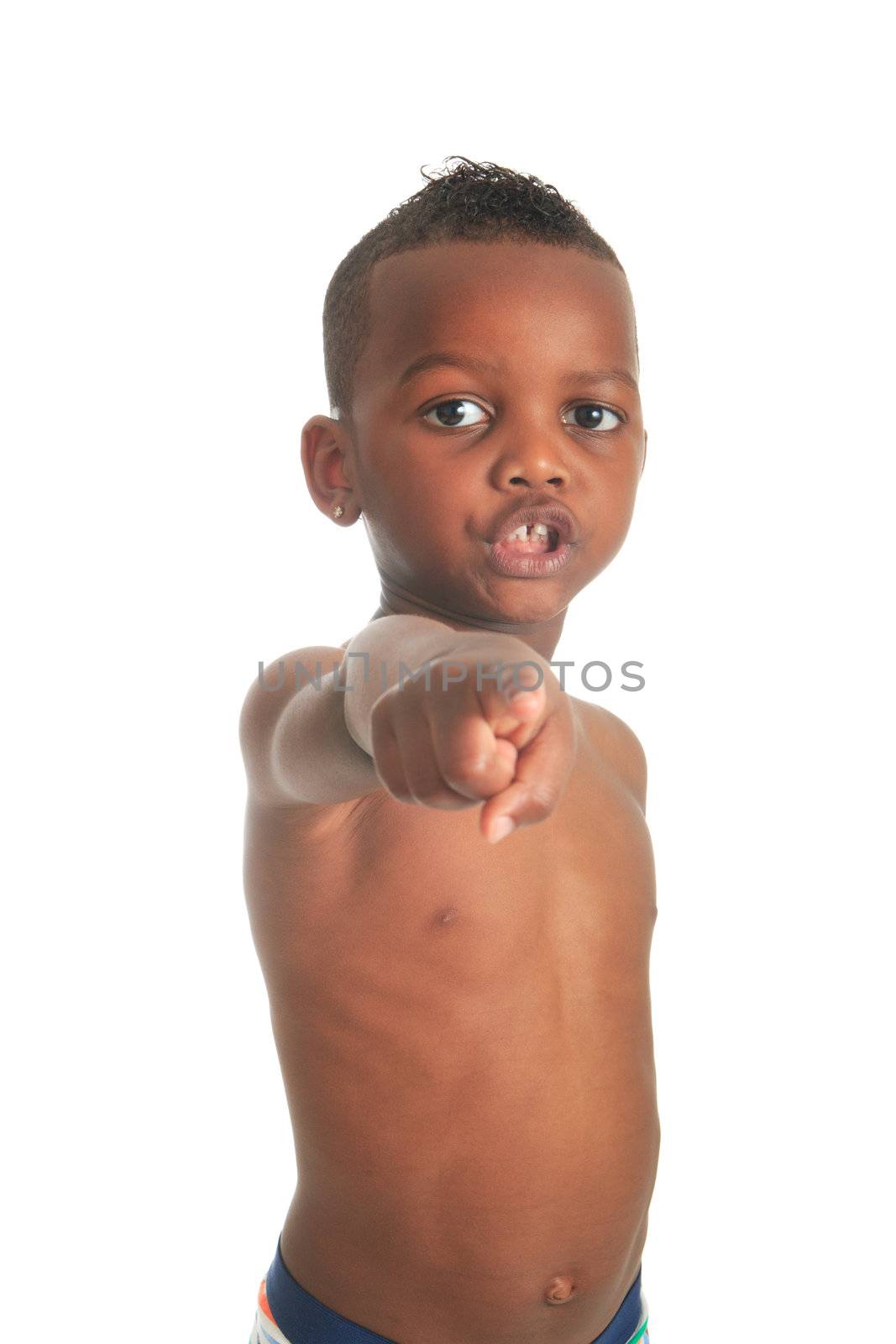 African American child shirtless black curly hair isolated metisse