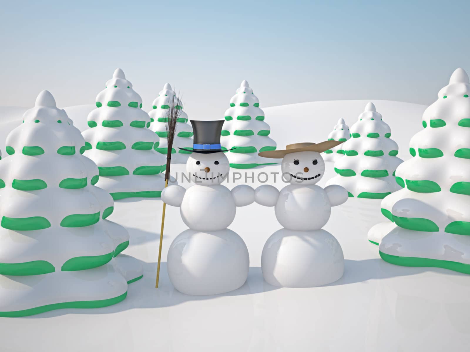 The winter landscape with trees and snowman