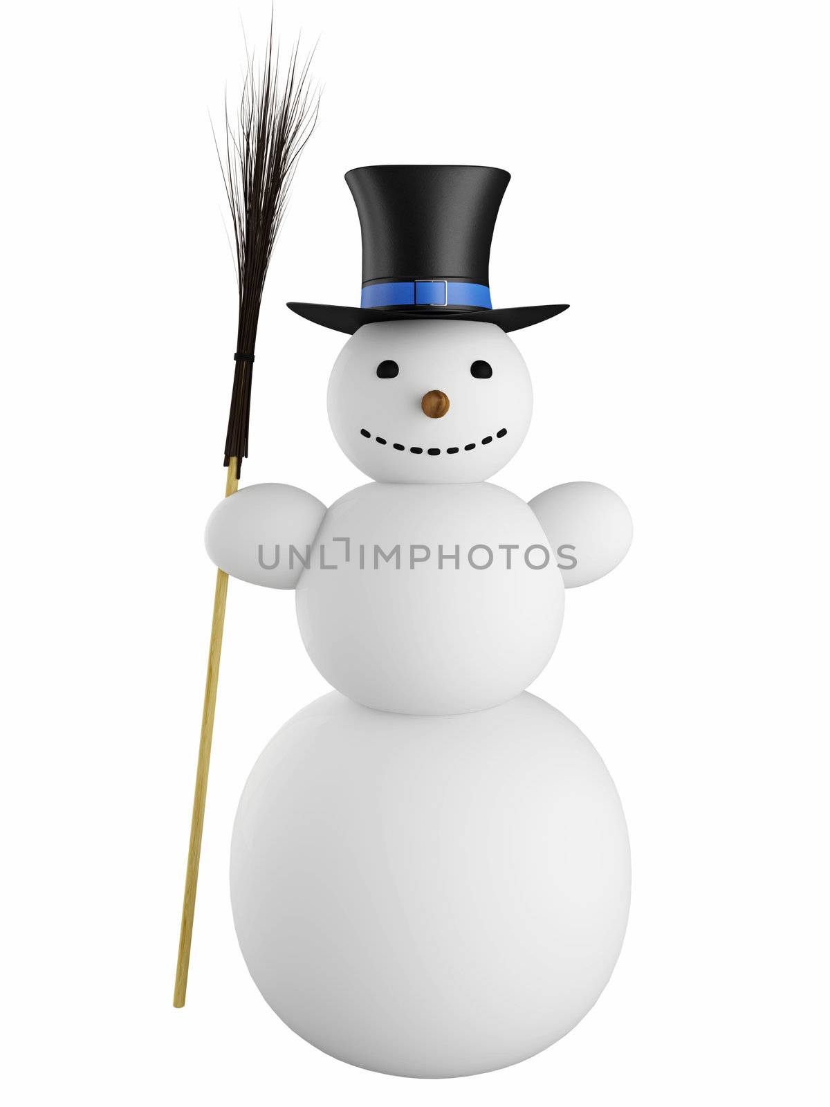 Big white snowman with broom and hat