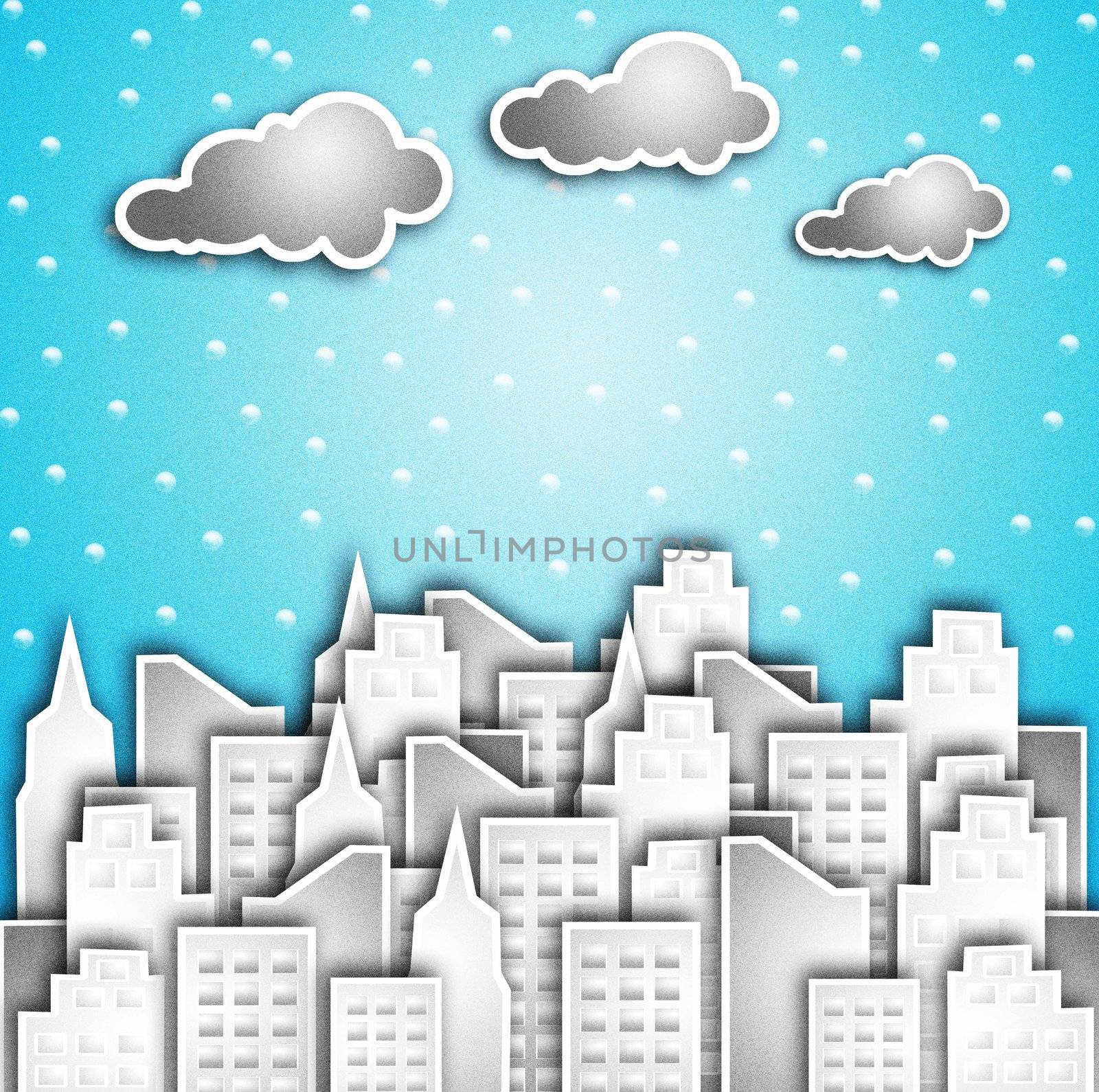 Modern city in the winter. And the snow is falling.