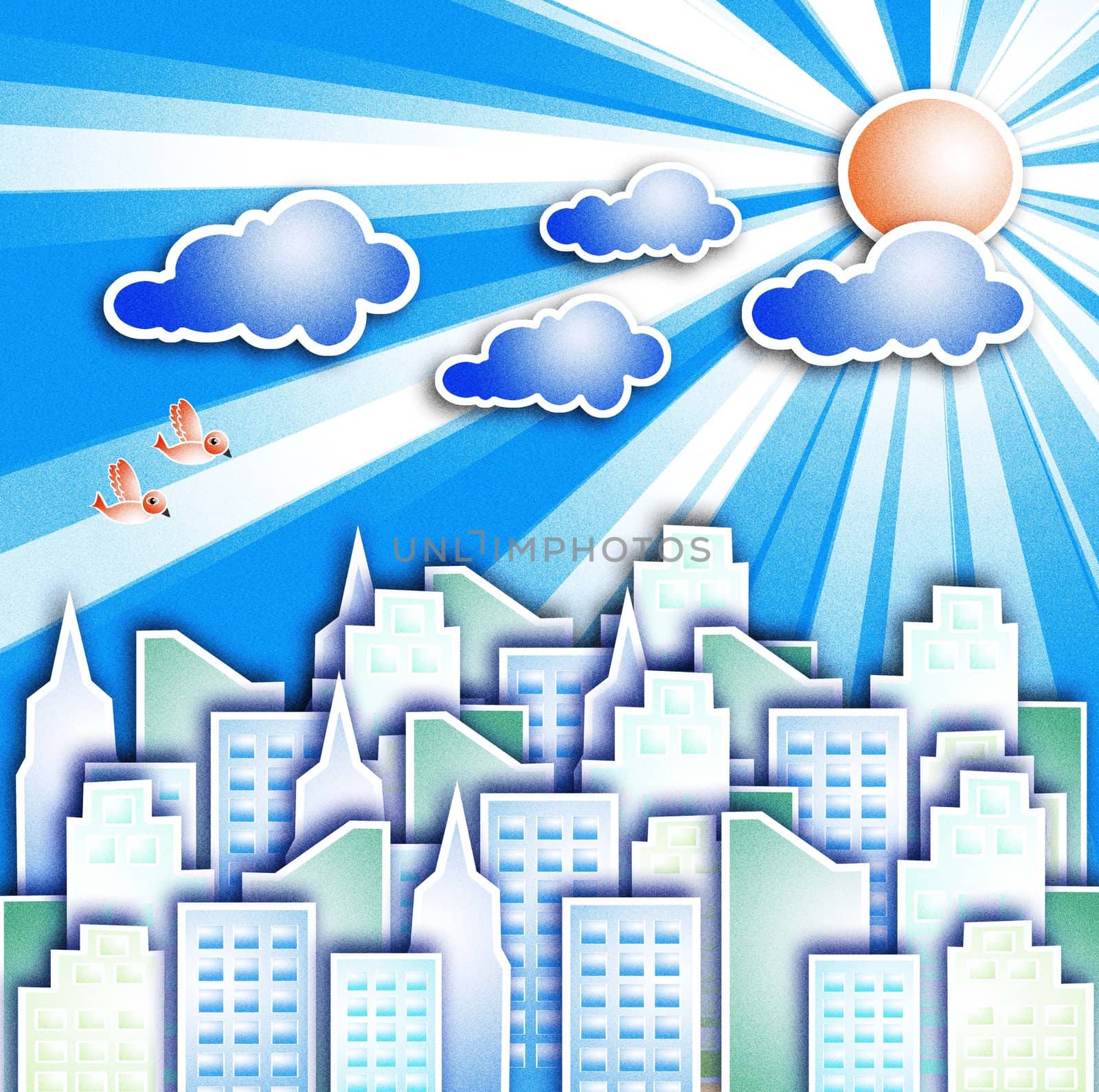 Modern city with a cloud in the sky the sun and birds.