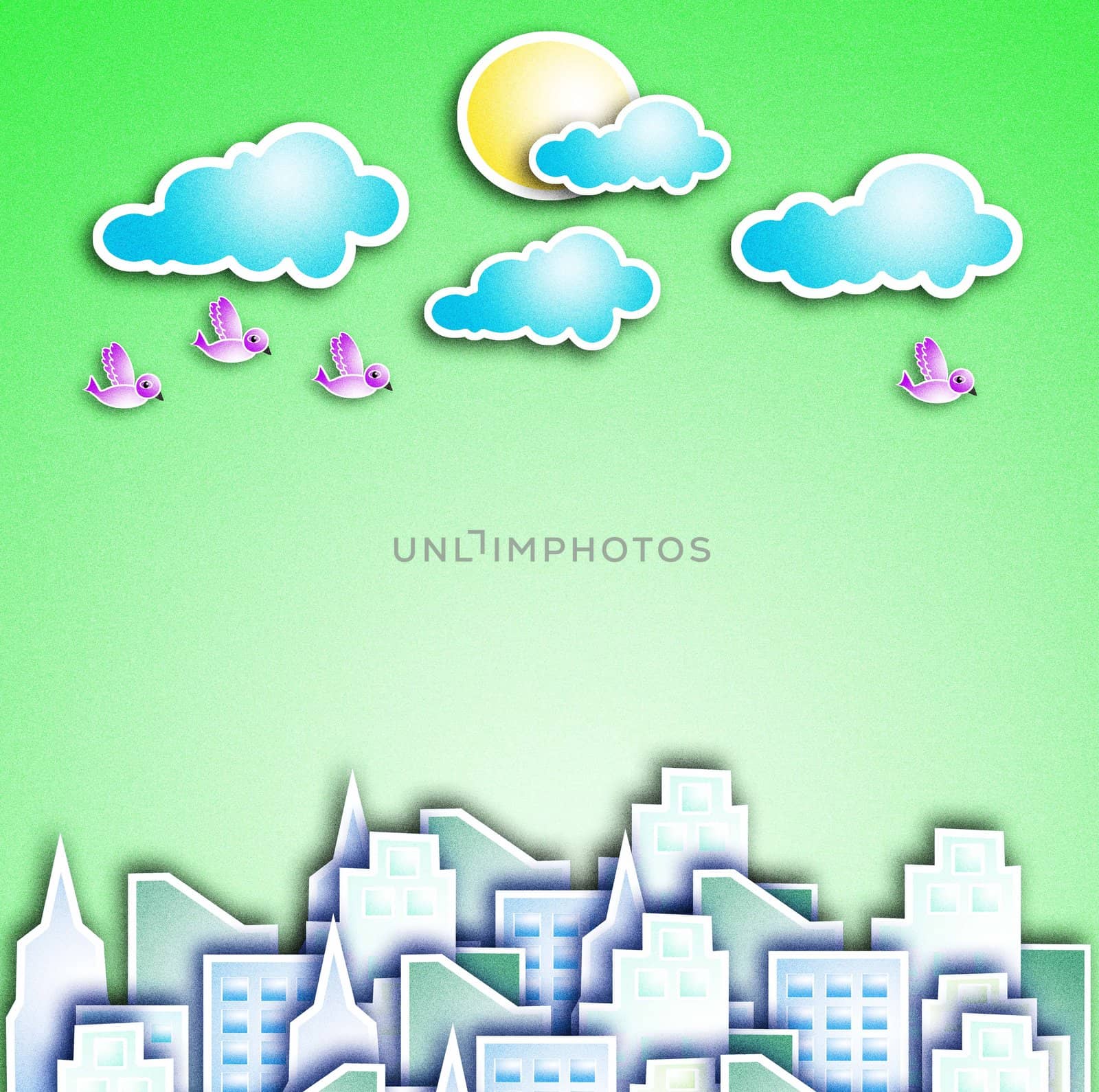 The bright modern city. The sun and birds.
