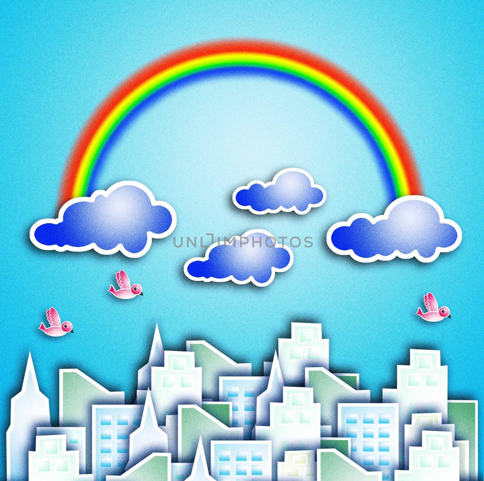 Modern city in good weather. Seen a beautiful rainbow in the sky.
