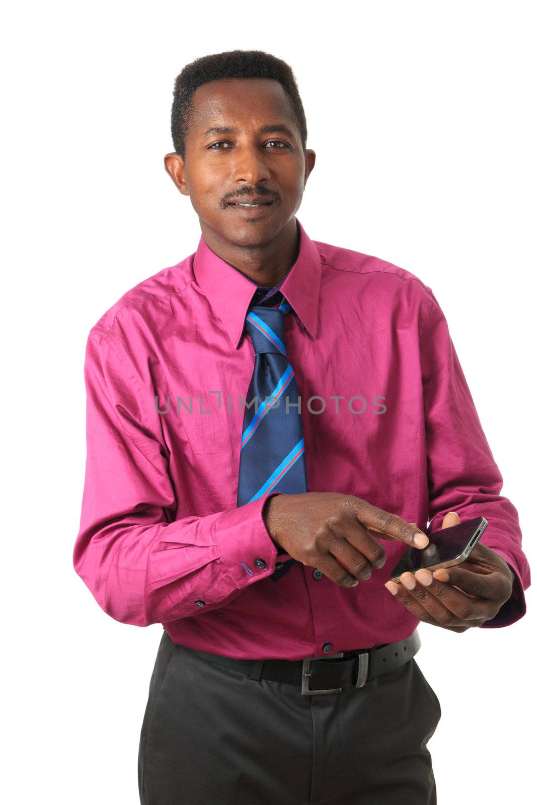 businessman with tie and phone isolated metisse black afro american