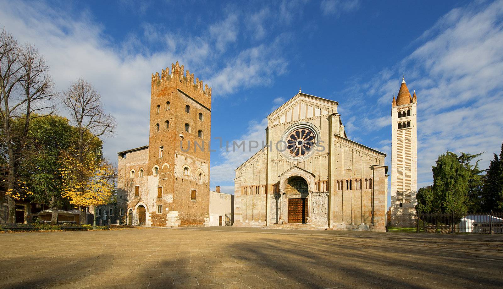 Facade and bell tower of the Church of San Zeno in Verona Italy