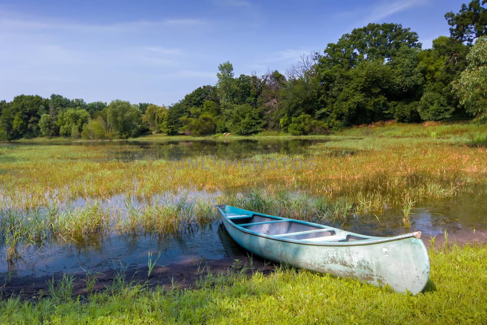Canoe at the Shore of Beautiful Pond