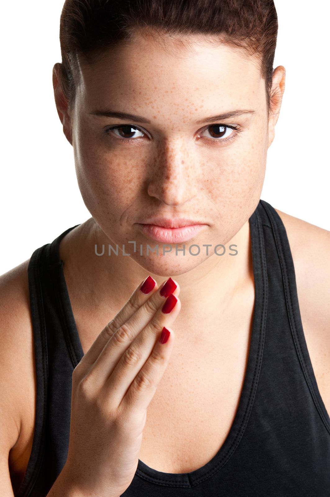 Close up portrait of a young fit woman jogging, isolated in a white background
