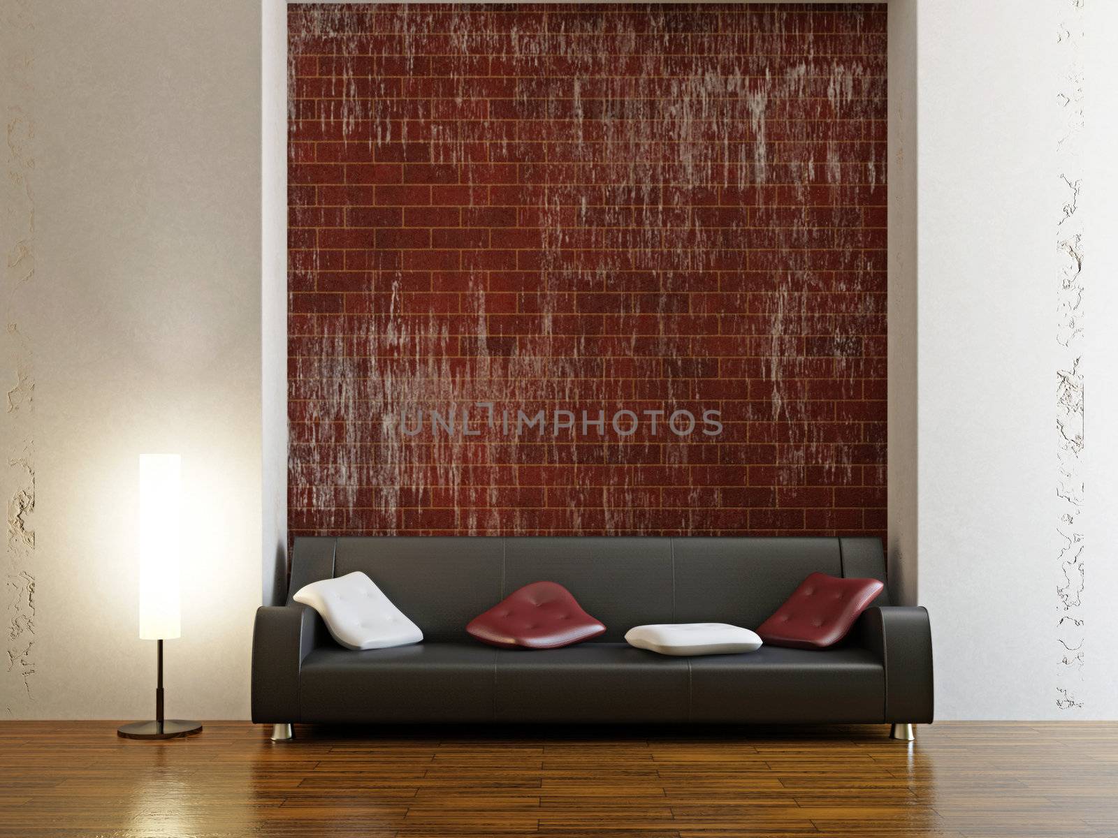 Sofa and a lamp near the wall