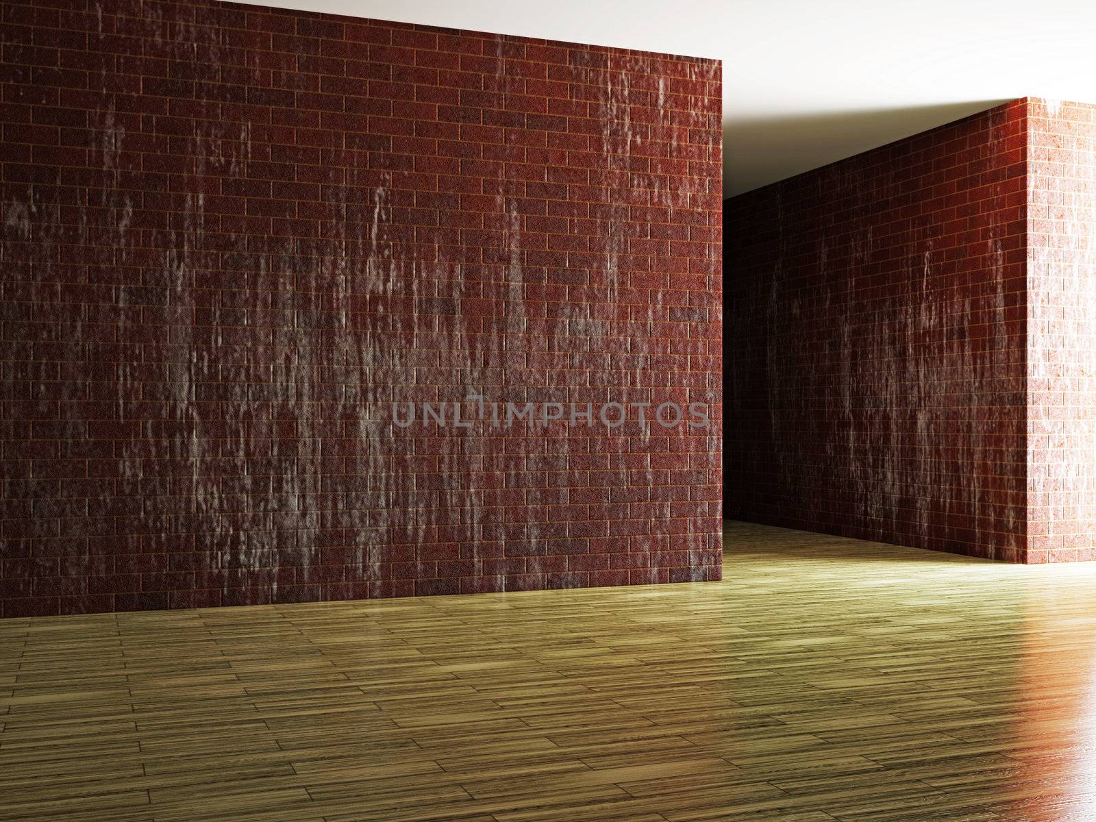 A large hall with a brick wall