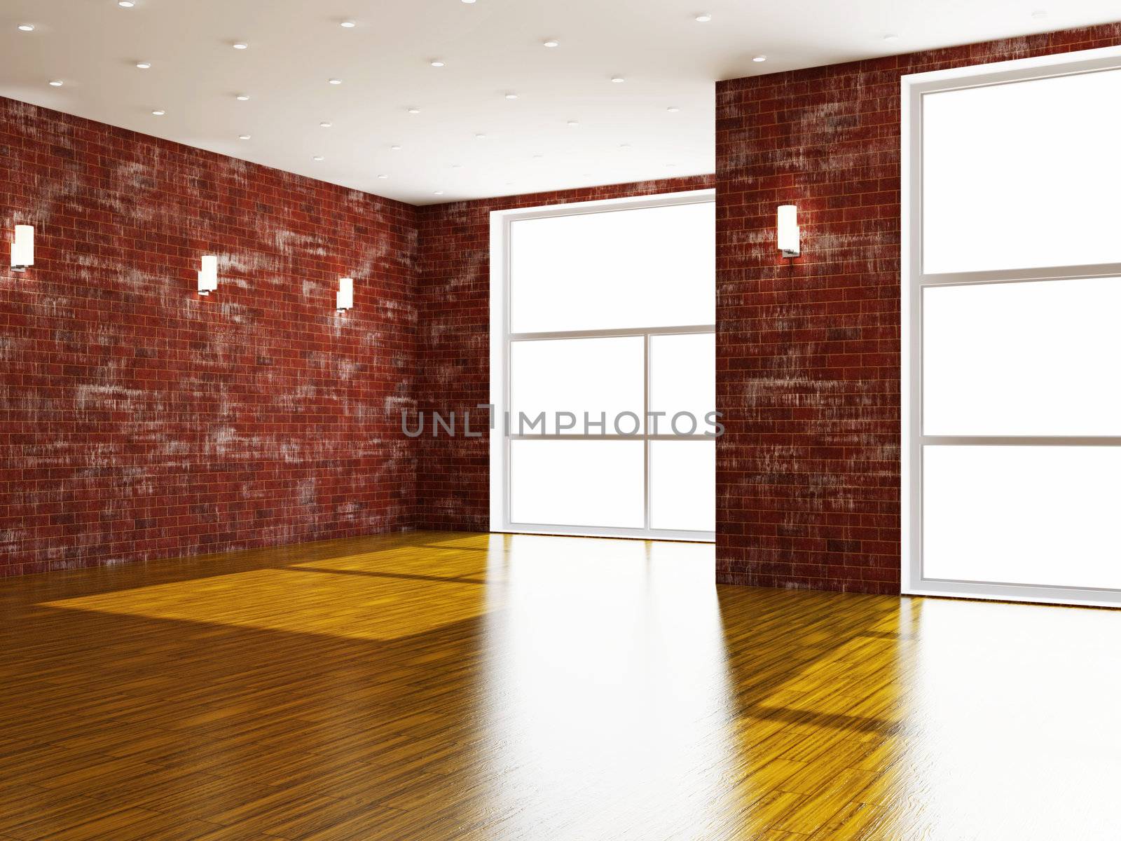 A large room with lamp and the windows
