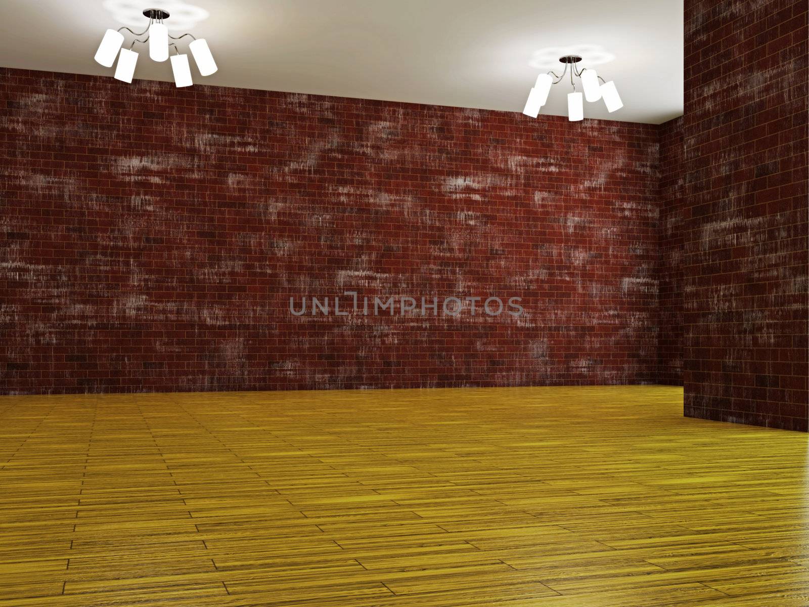A large hall with a brick wall