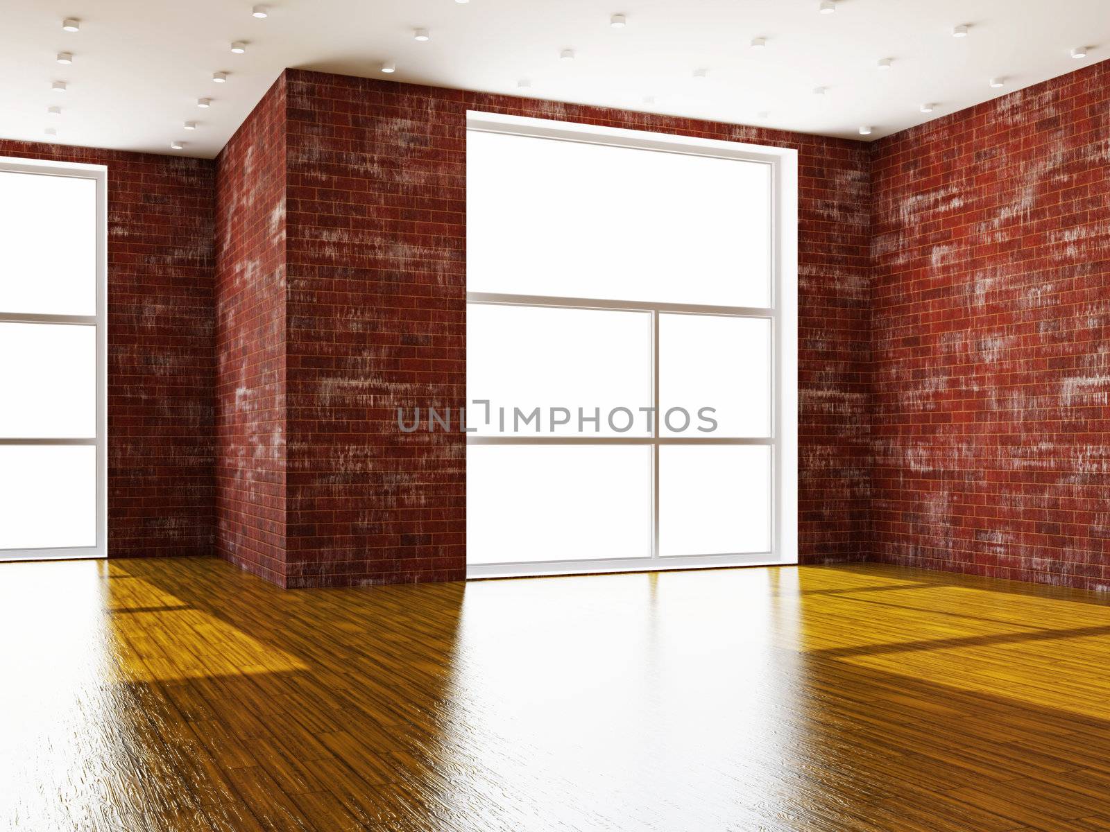 A large room with brick wall and windows
