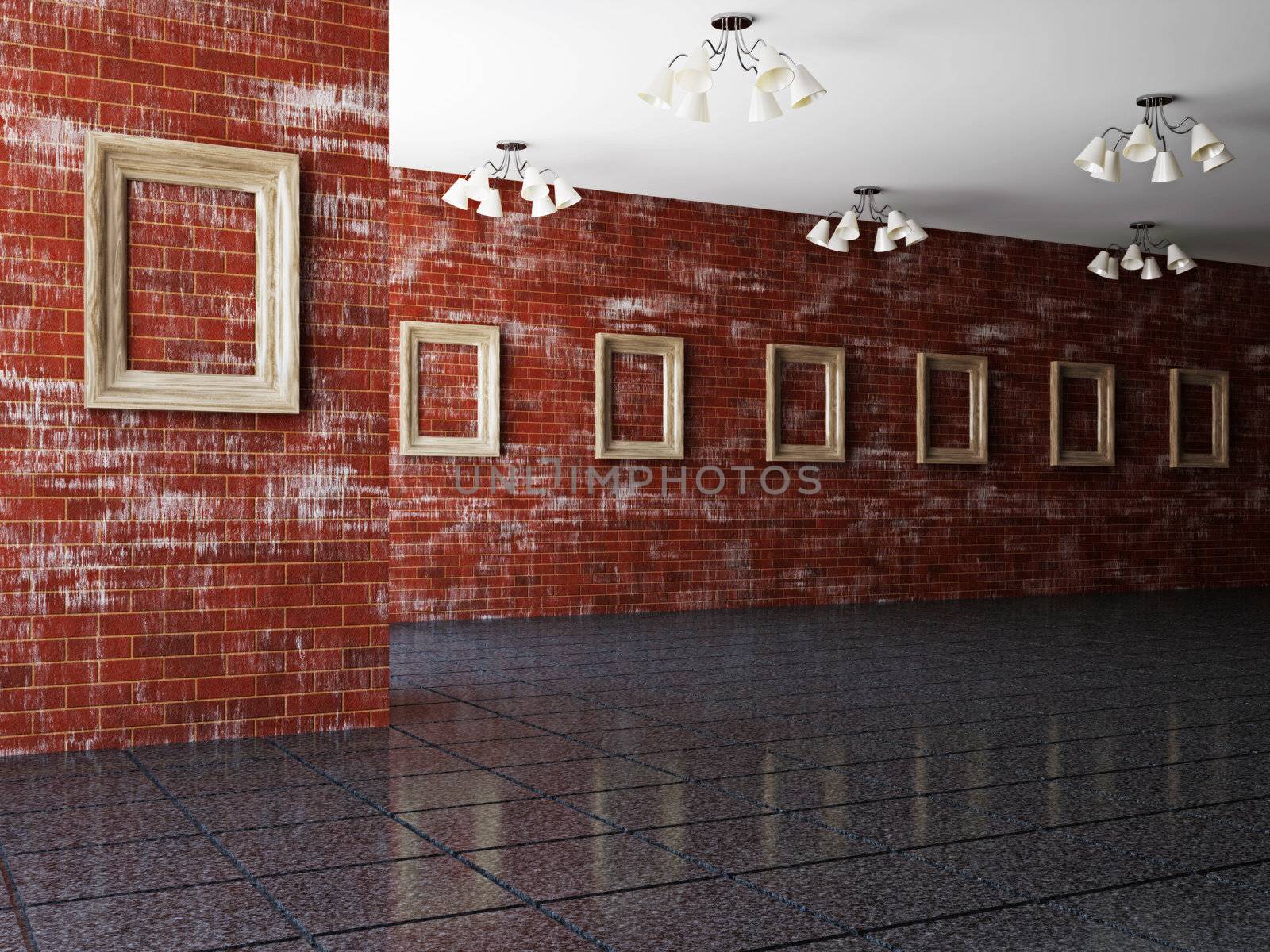 The big gallery with empty wooden frames