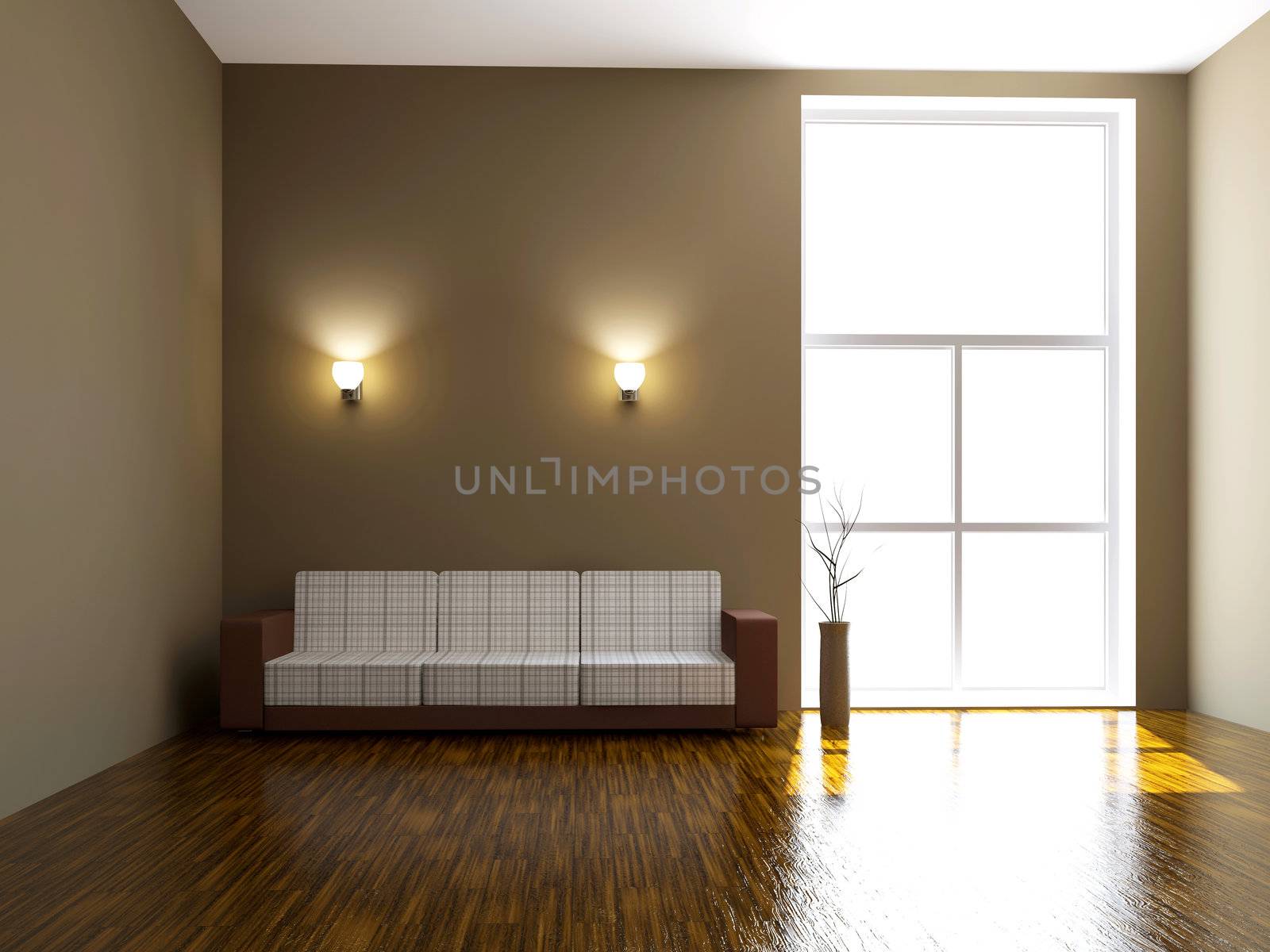Sofa and a vase near the big window