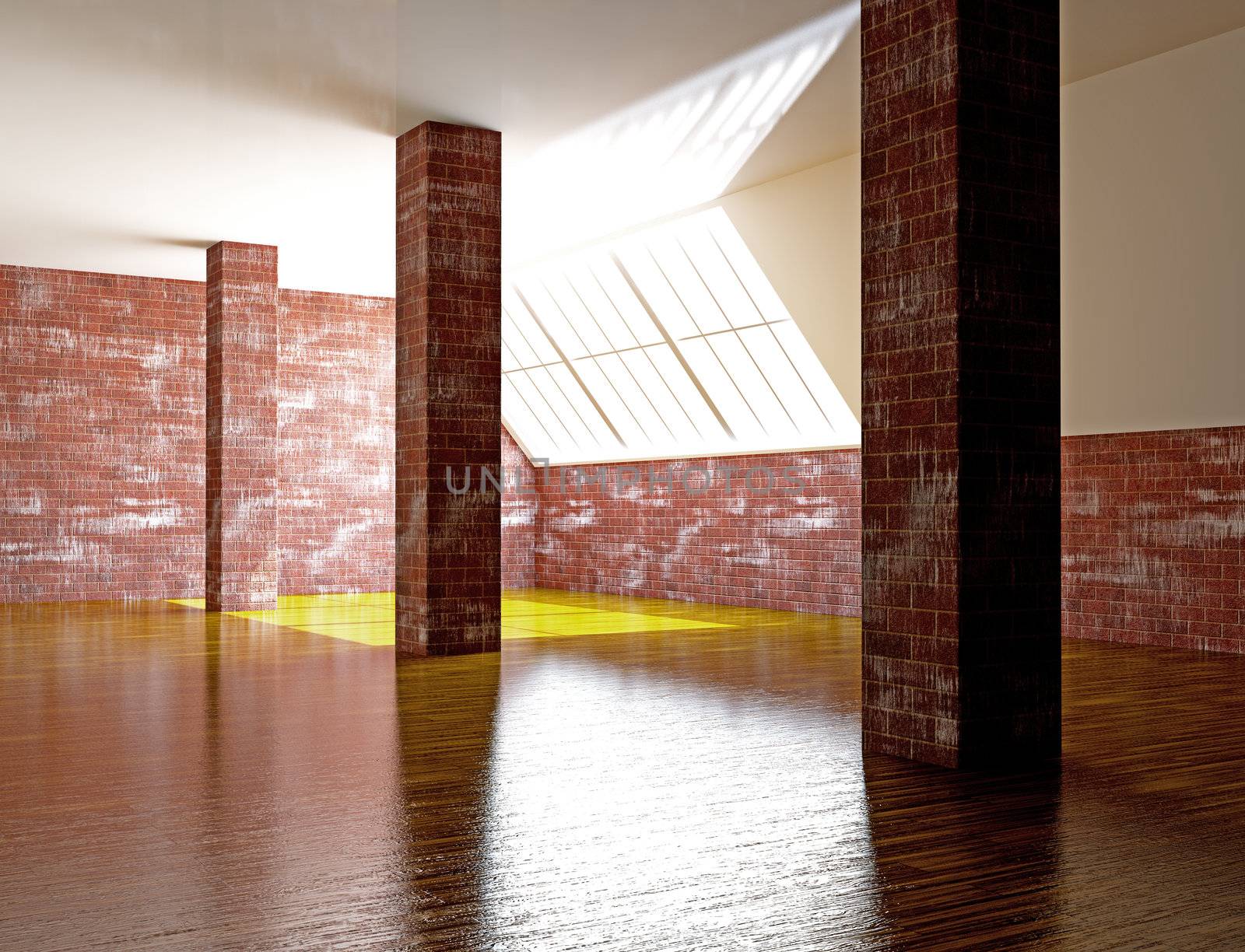 A large hall with a brick columns