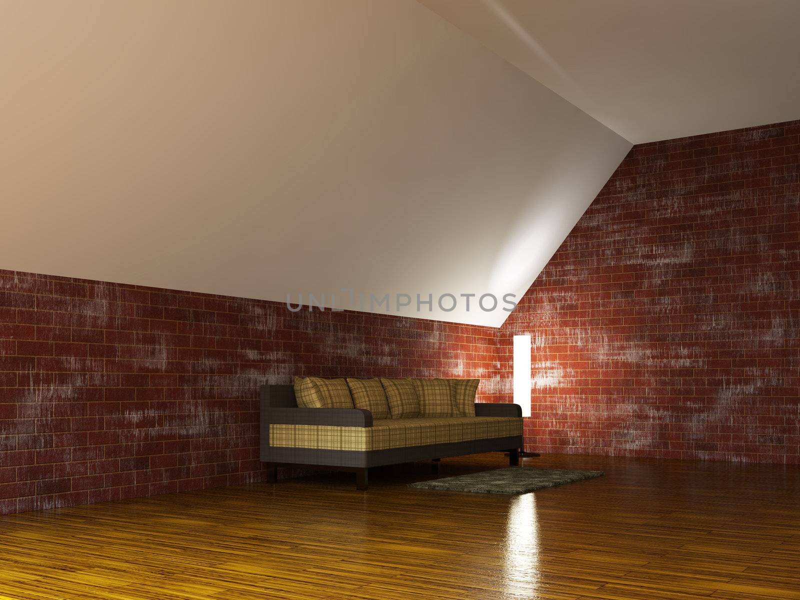 Sofa and a lamp near the brick wall