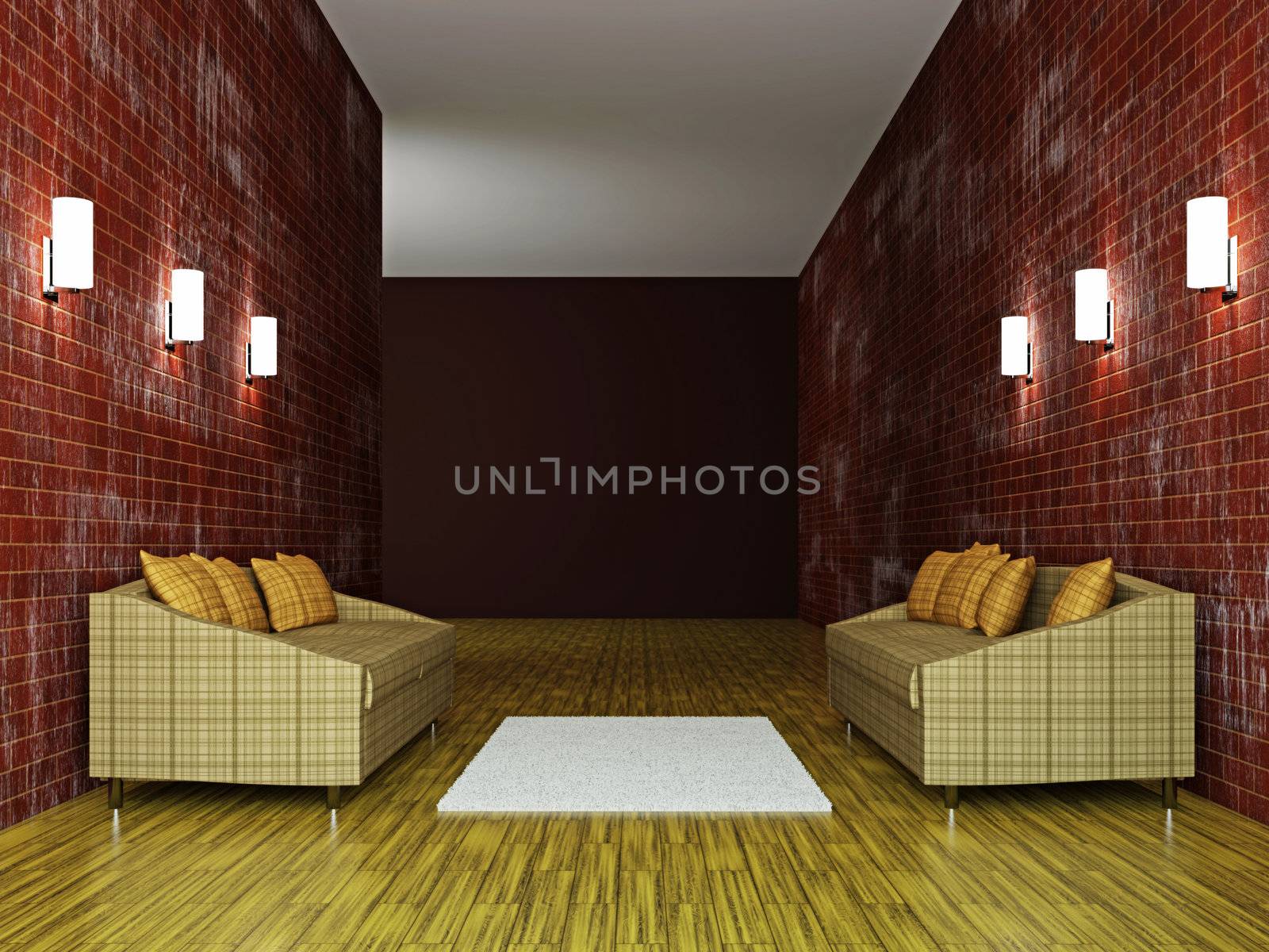 Sofas with pillows near the brick wall