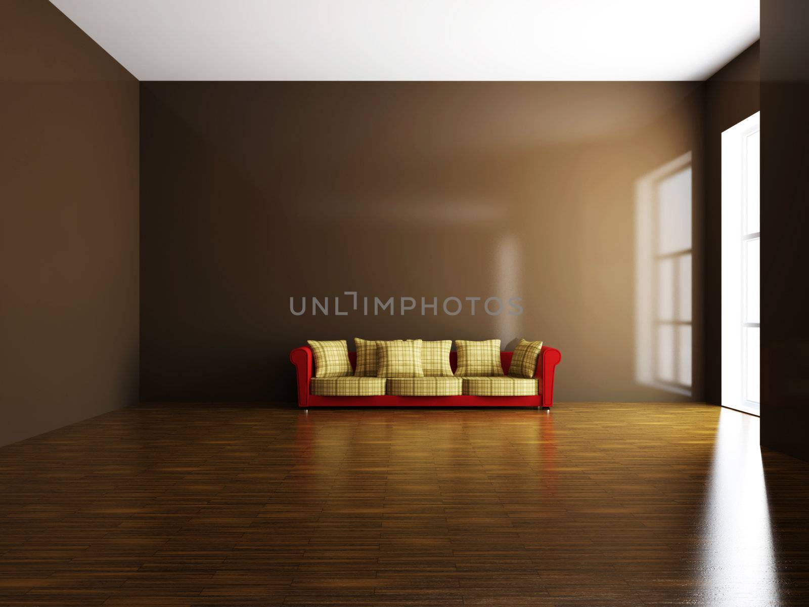 Red sofa with pillows near the wall