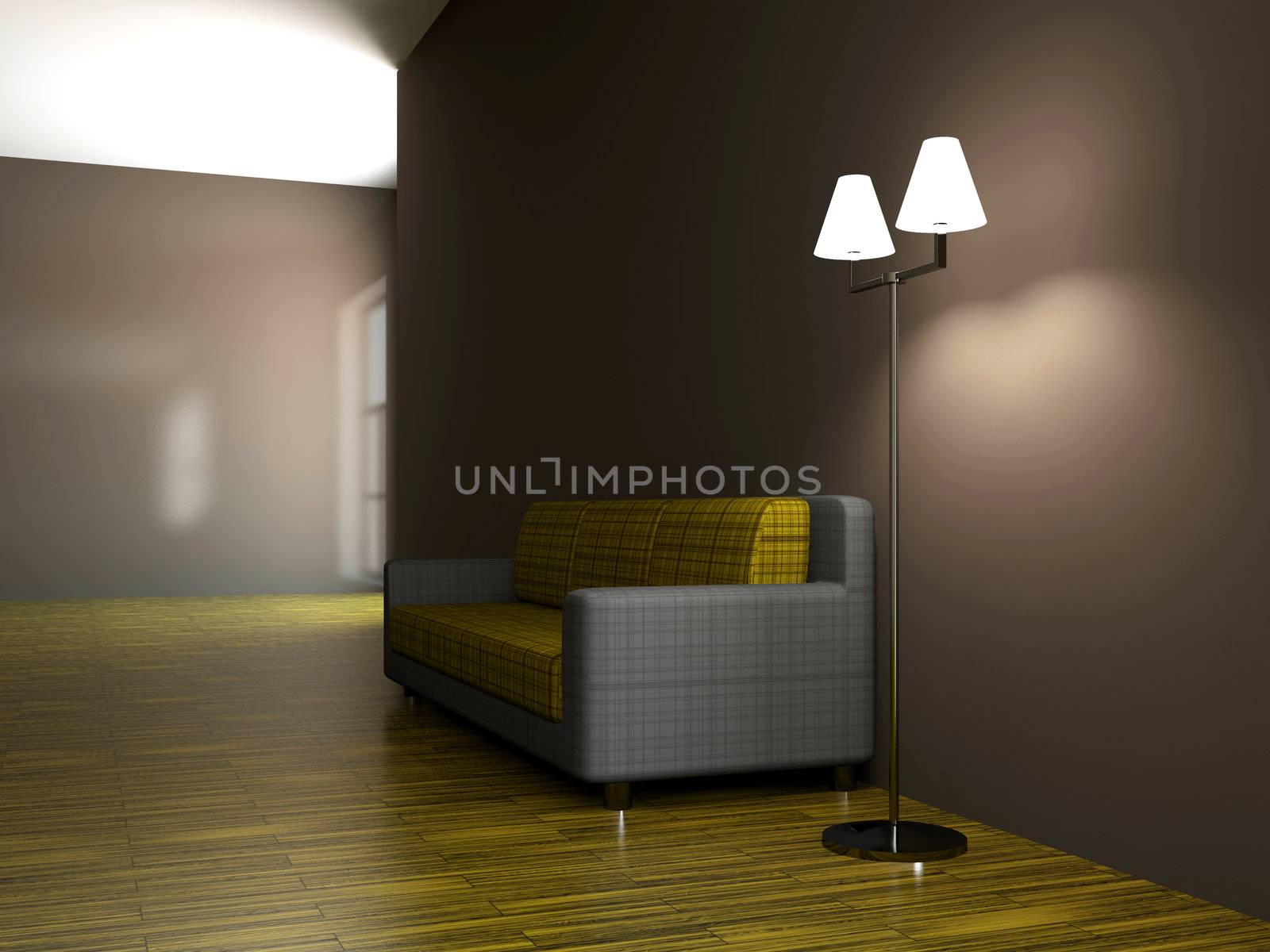 Sofa and a lamp near the wall