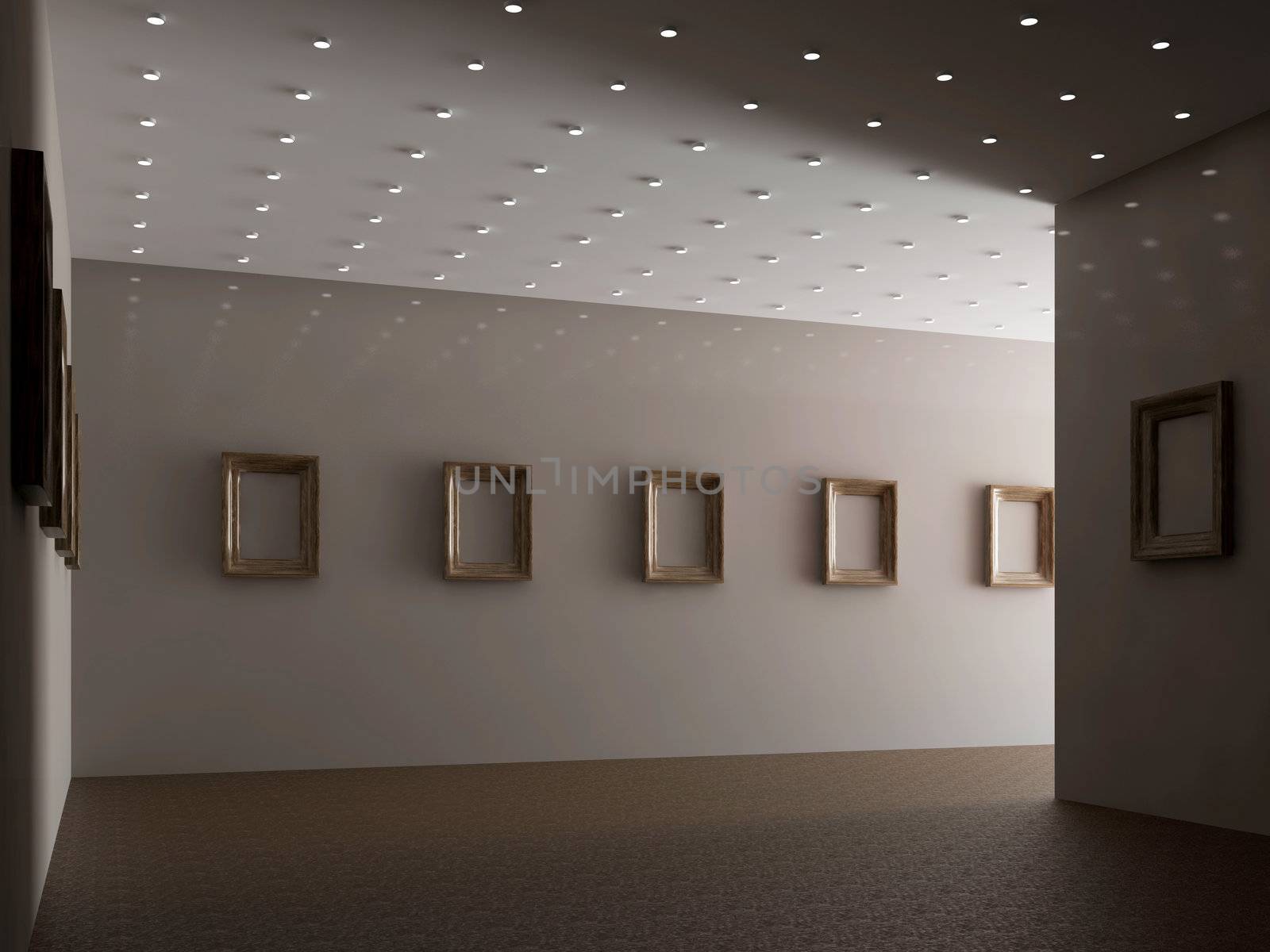 The big gallery with empty wooden frames