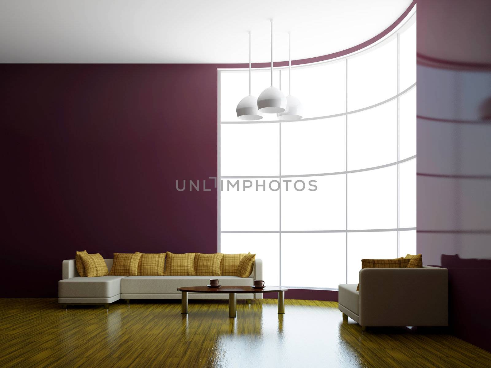 Sofa and a table near the big window