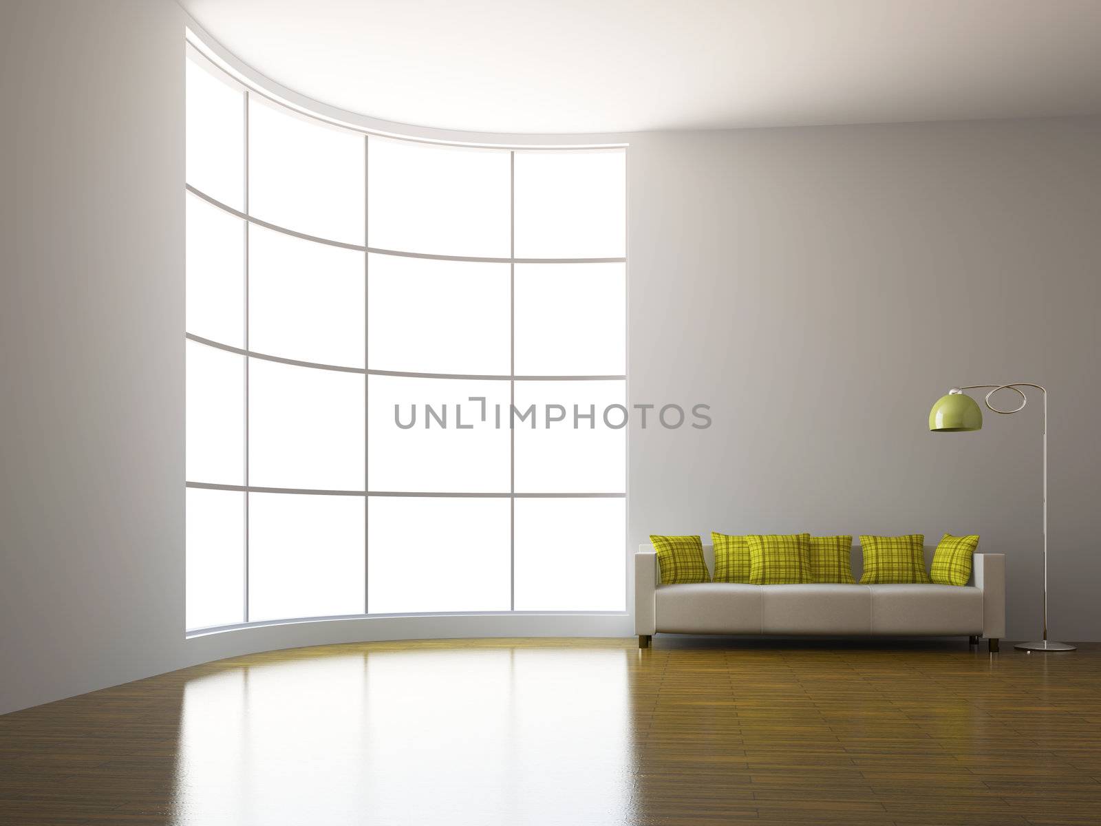 Sofa with pillows near the big window