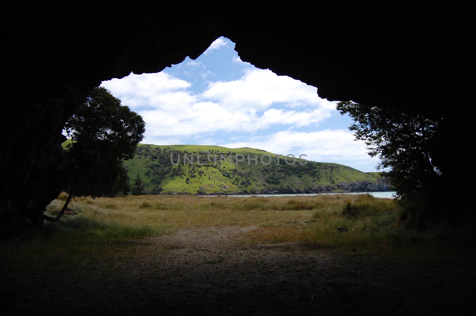 Outside view from cave, Banks Peninsula, New Zealand