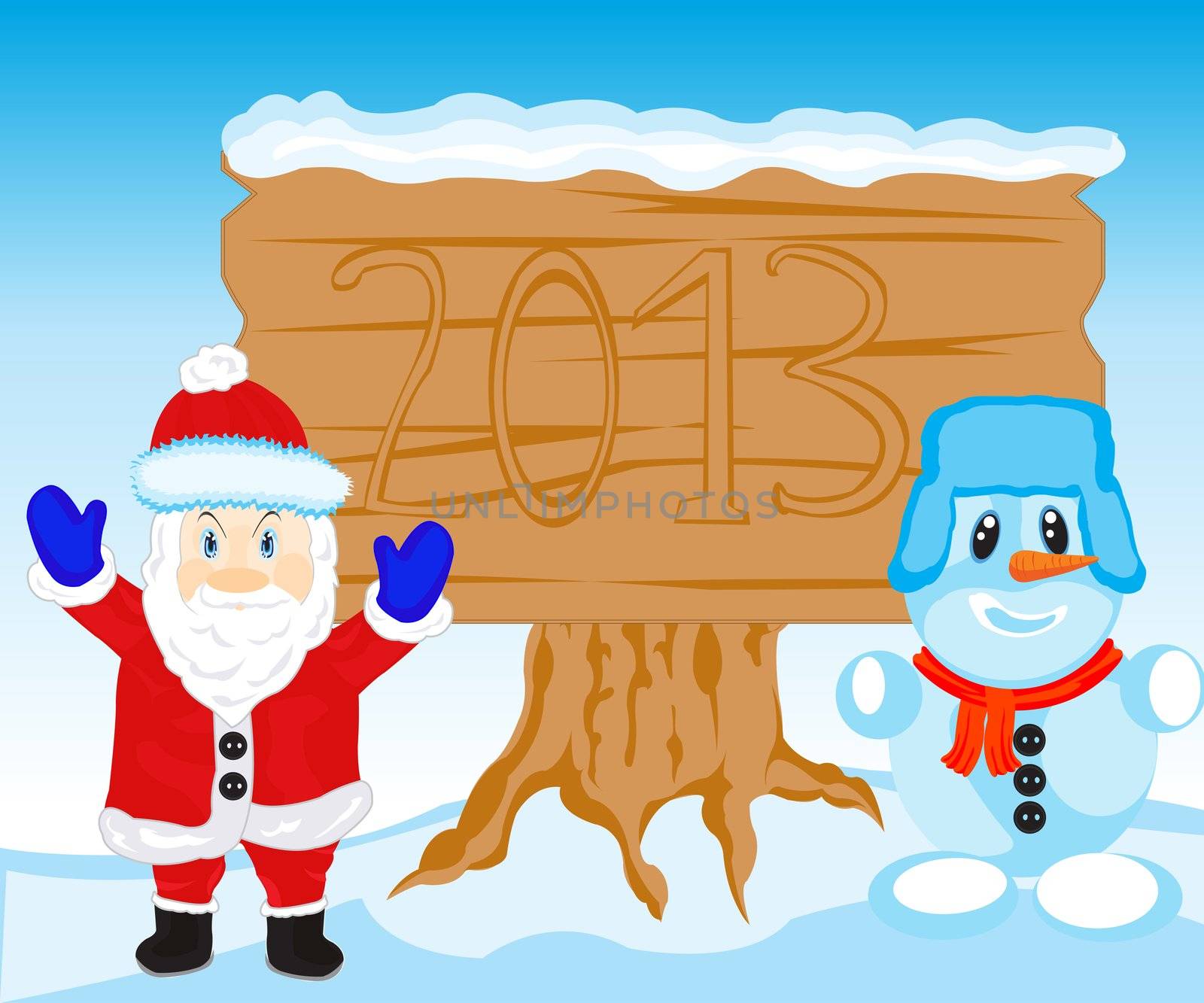 Festive illustration with santa and person blinded from snow