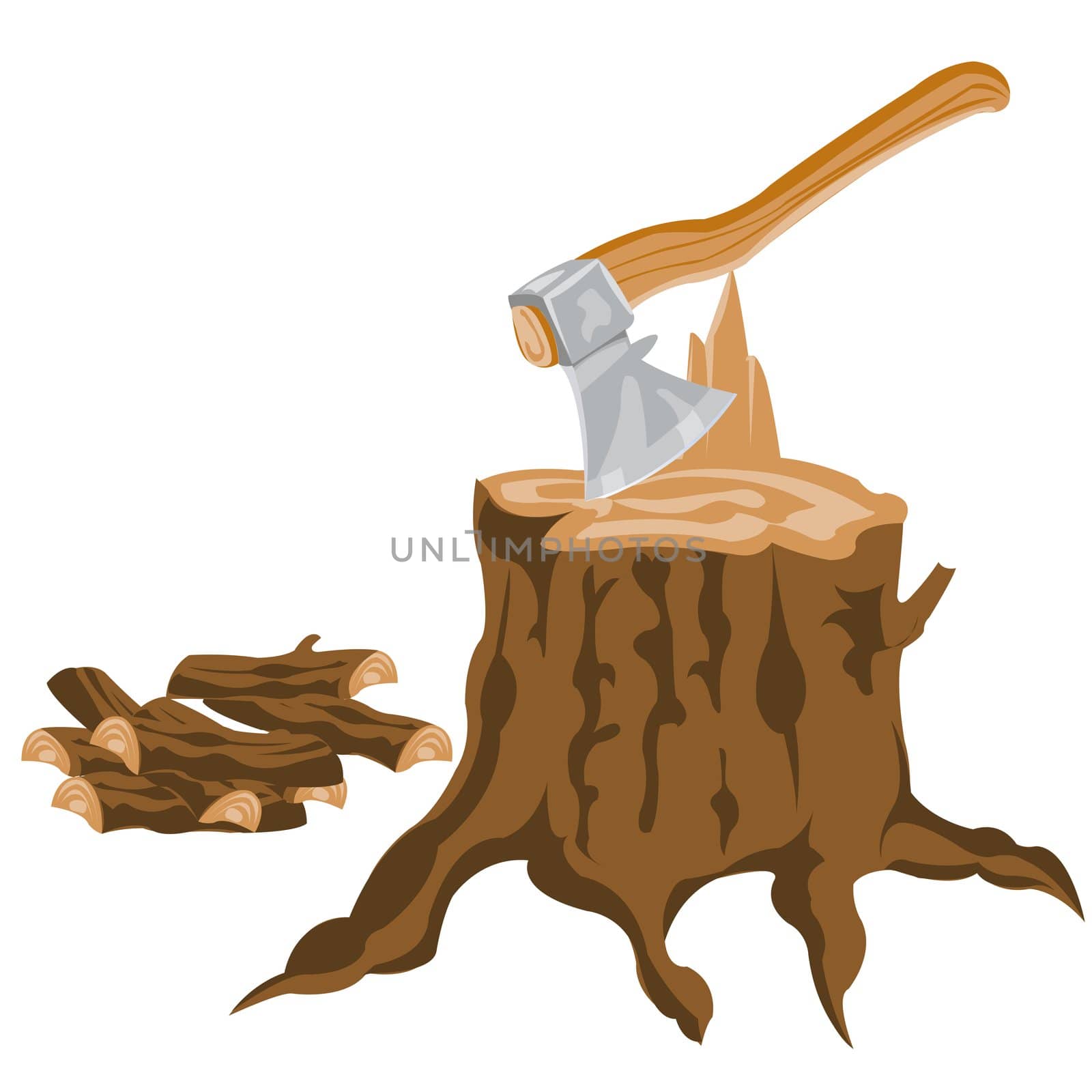 Axe and pricked firewood on white background