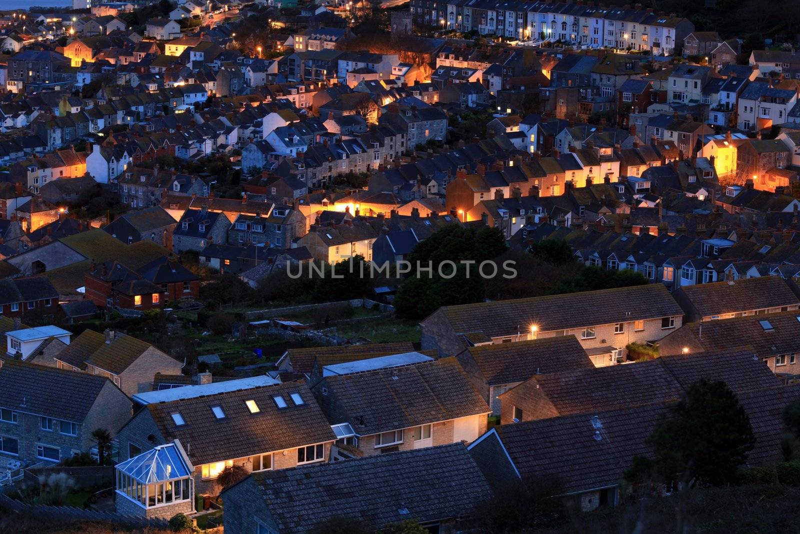 Terraced houses at night time on portland dorset