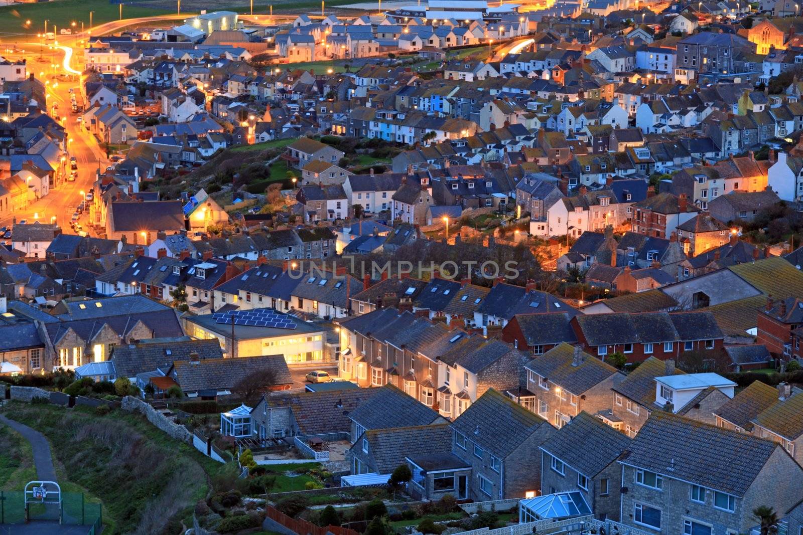Terraced houses at night time on portland dorset