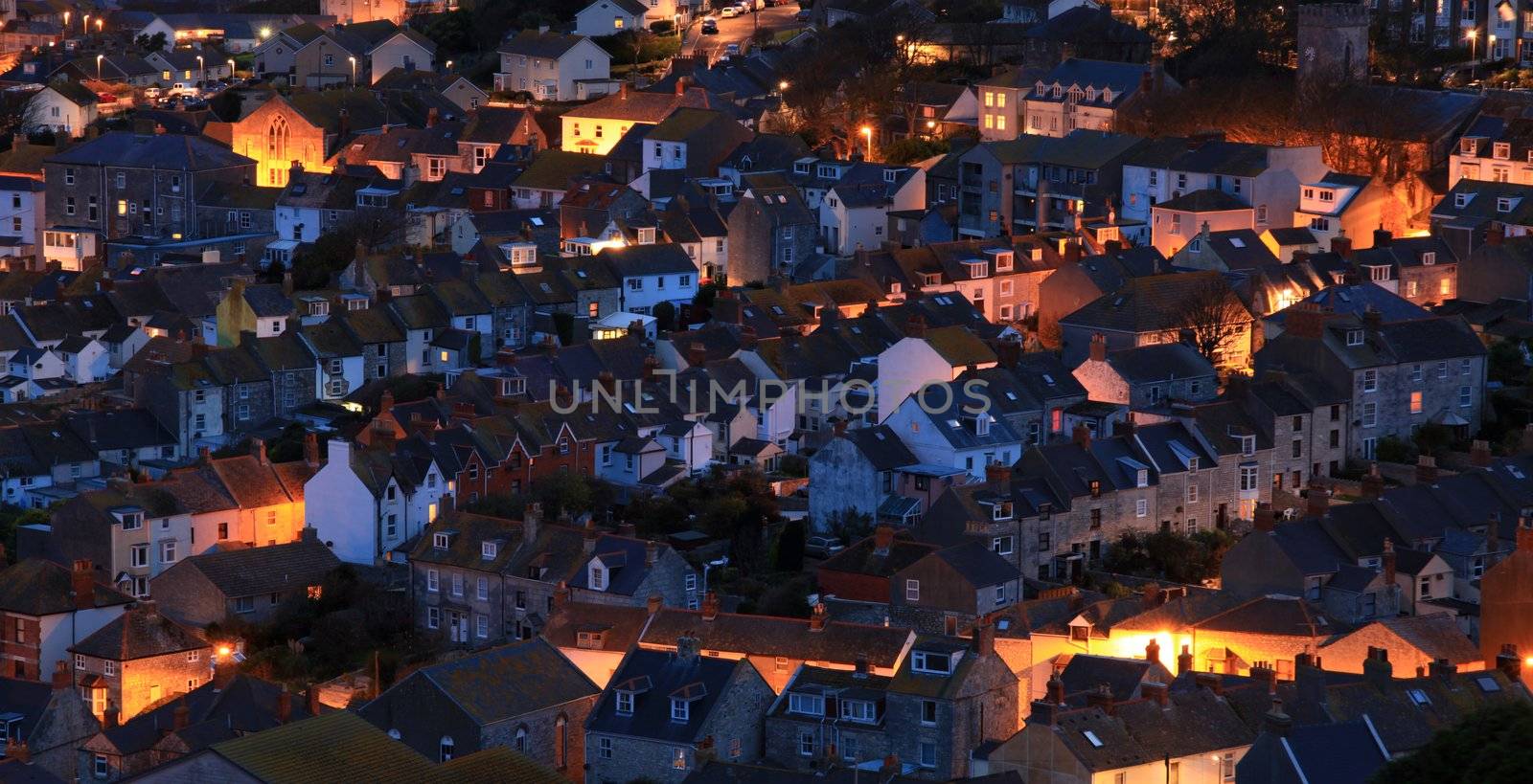 Terraced houses at night time on portland dorset