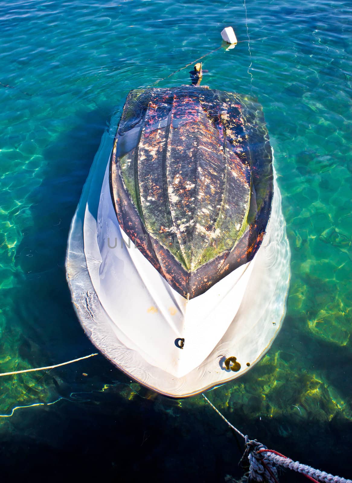 Sunken motor boat after tramontane storm in Zadar, Croatia, Dalmatia