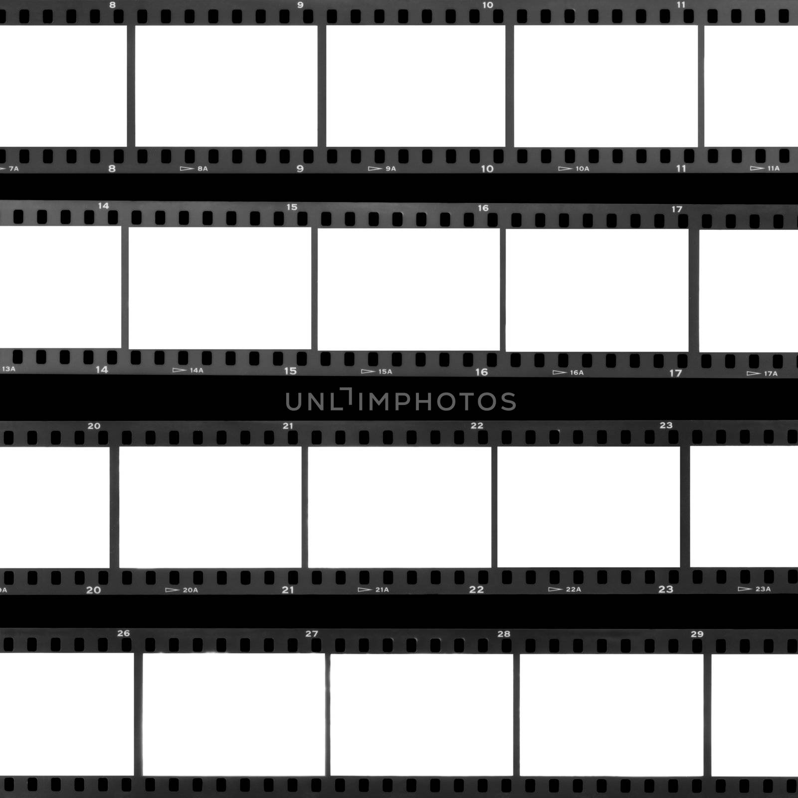 Blank film frames overexposed contact sheet analog filmstrip background.