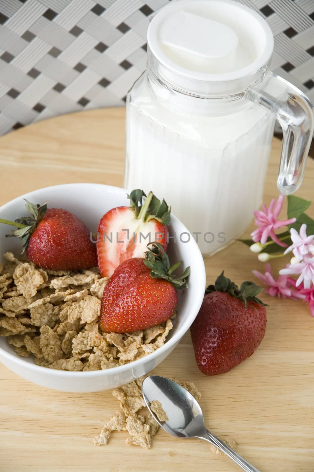 cereal with strawberry for breakfast on top view